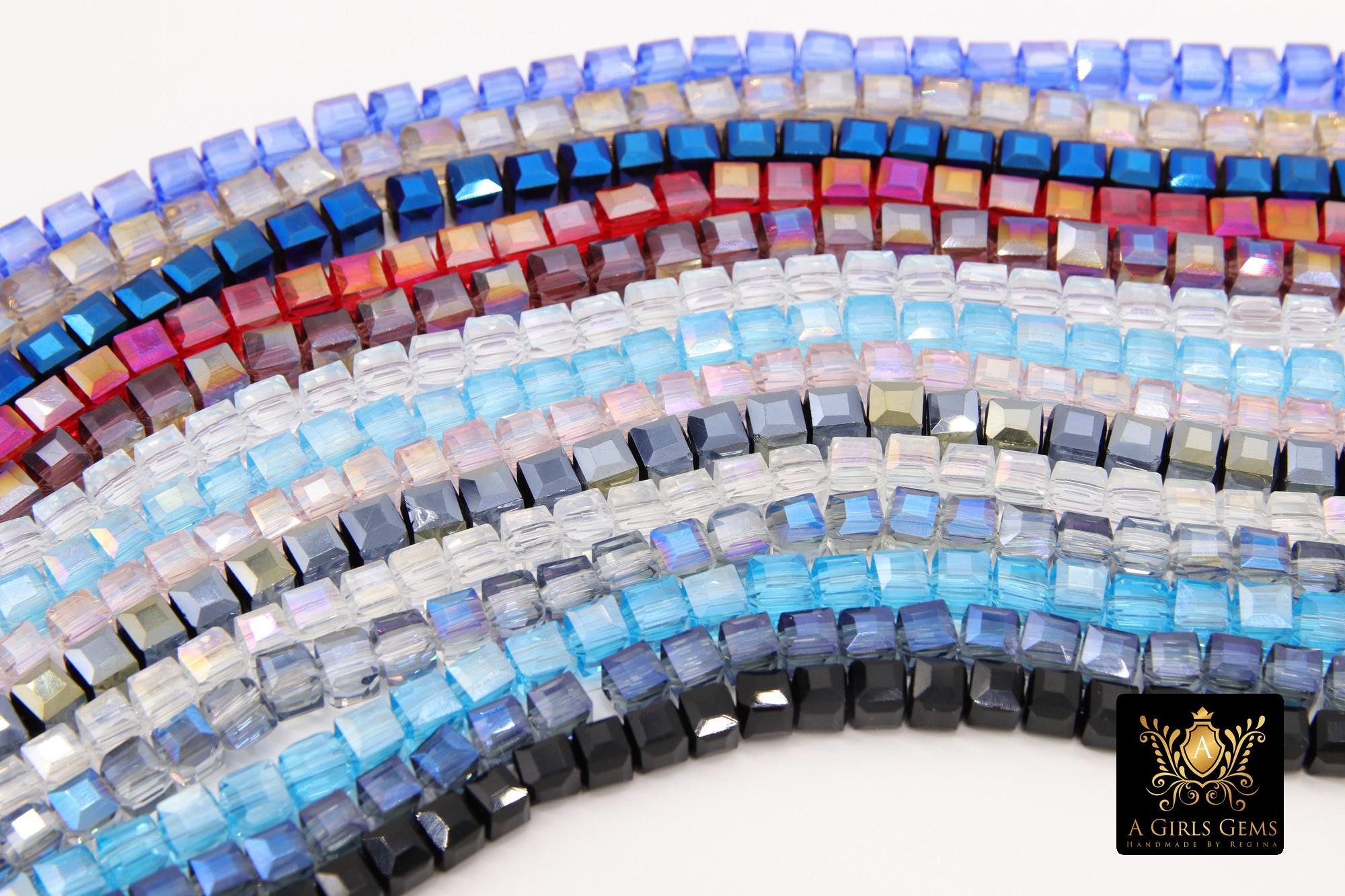 Crystal Cube Bead Strands, 4 mm Square Blue Red Beads BS #330, 4 mm Blue AB Crystals