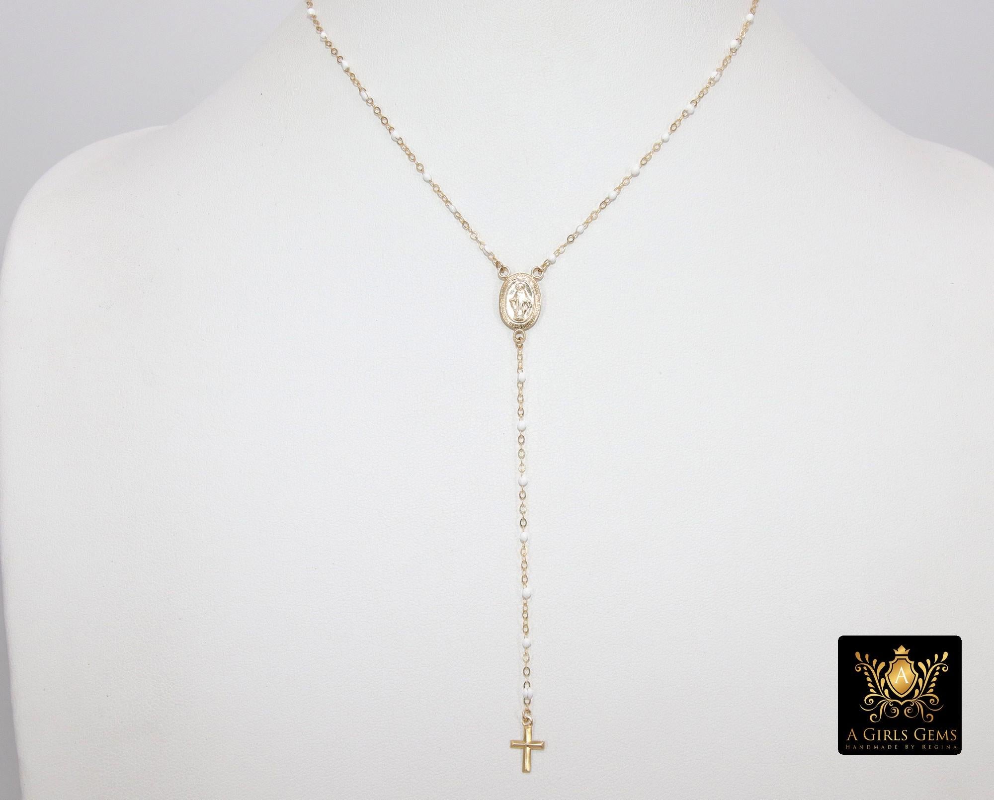 14 K Gold Filled White Beaded Satellite Cross Necklace, Virgin Mary Rosary Choker, Dainty Medallion