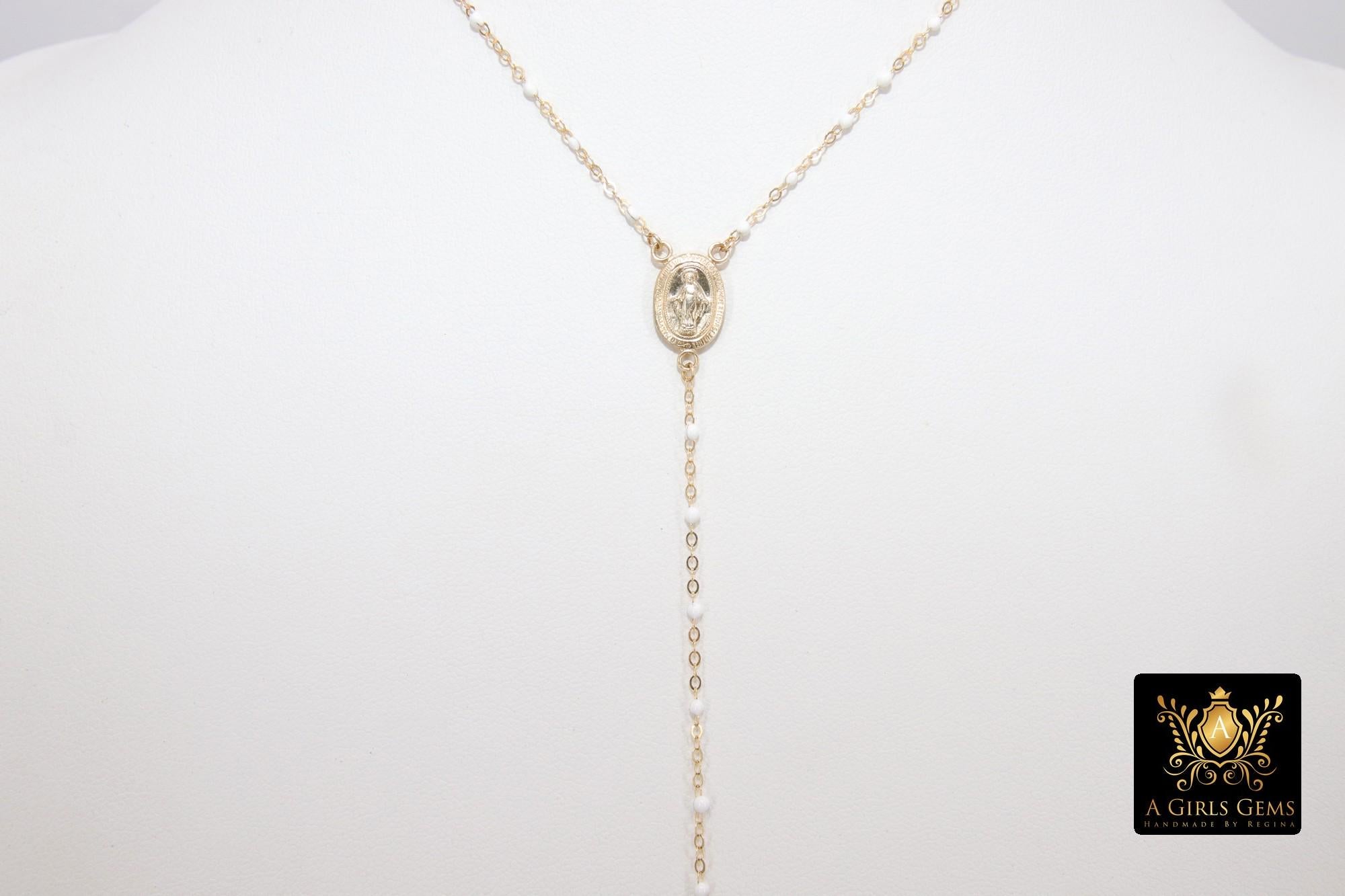 14 K Gold Filled White Beaded Satellite Cross Necklace, Virgin Mary Rosary Choker, Dainty Medallion