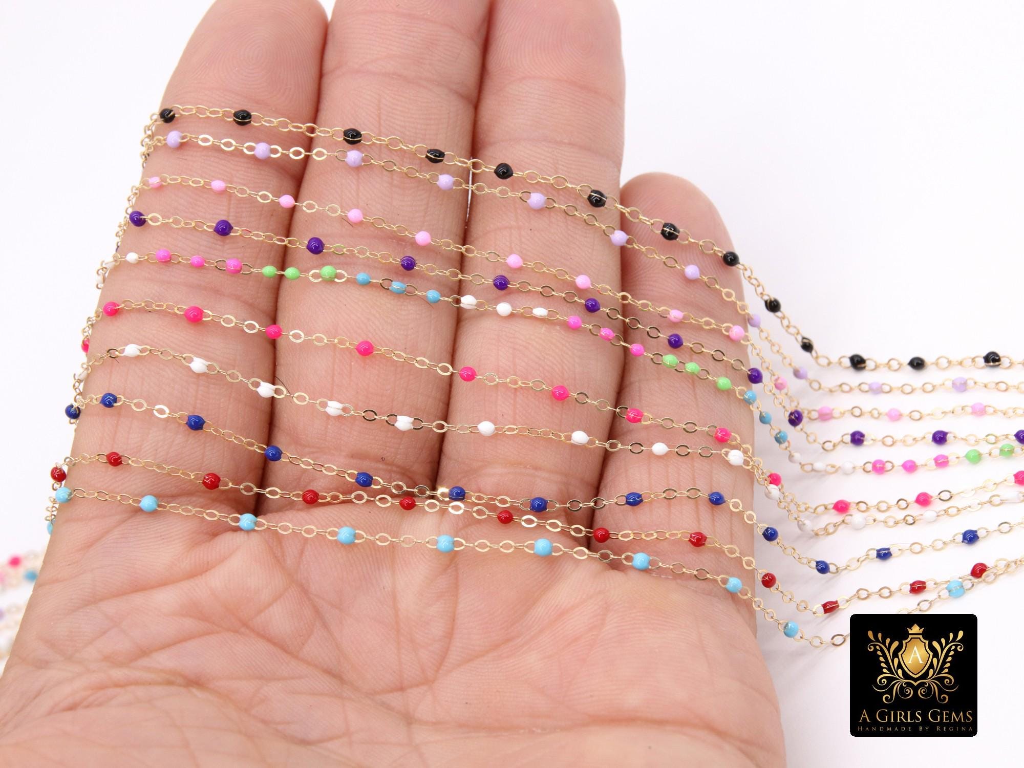14 K Gold Filled Dainty Beaded Enamel Satellite Chain, Bead Rainbow Jewelry CH #799, By Foot Unfinished Cable, Minimalist Permanent Jewelry