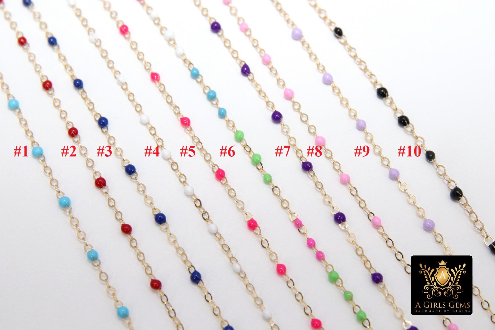 14 K Gold Filled Dainty Cross Satellite Necklace #2626, Dainty Enamel Everyday Choker, Beaded Enamel Chain Links