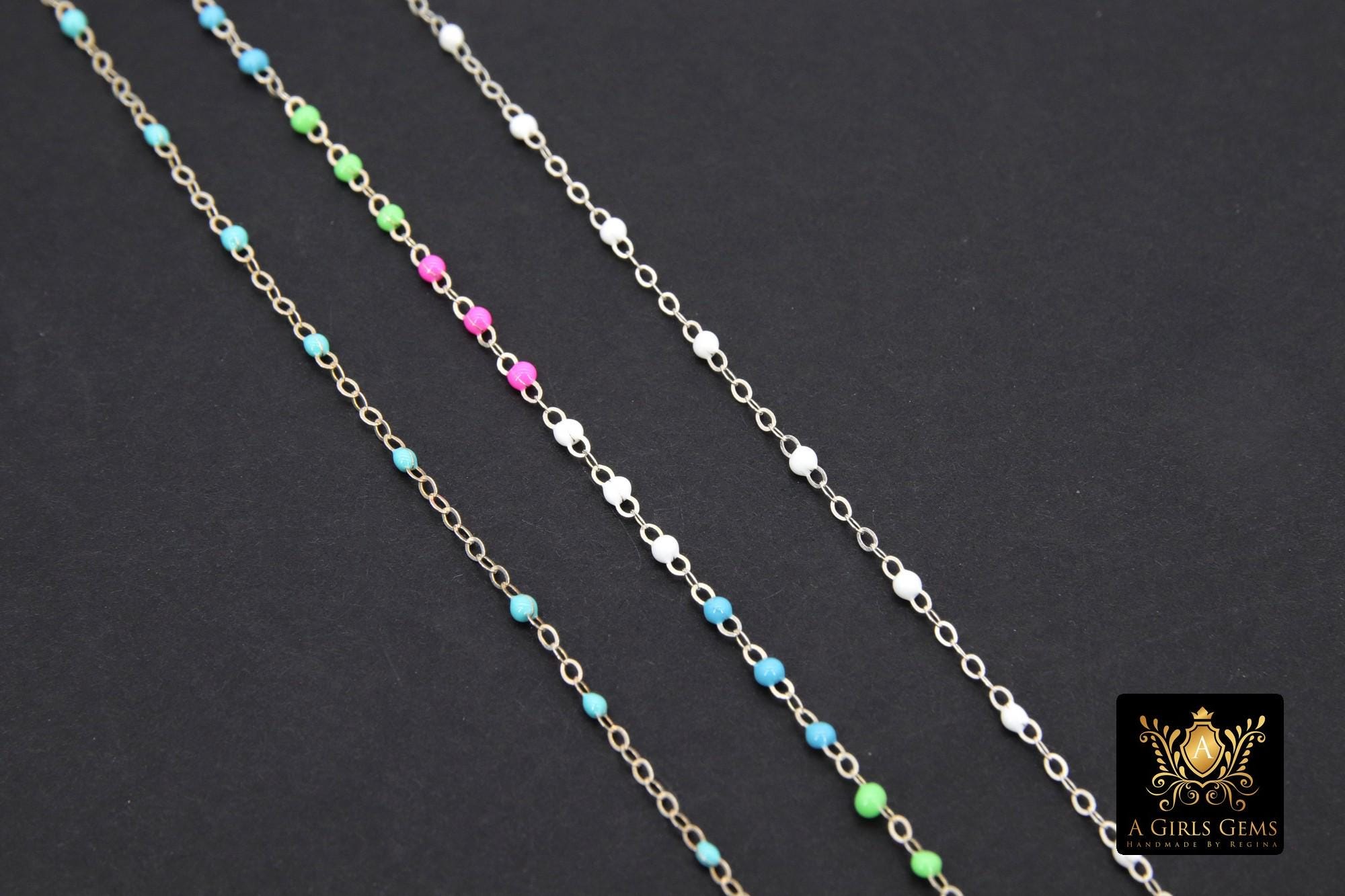 925 Sterling Silver Dainty Beaded Satellite Enamel Chain, 2.1 mm Rainbow Hammered Flat Cable CH #871, Unfinished By Foot