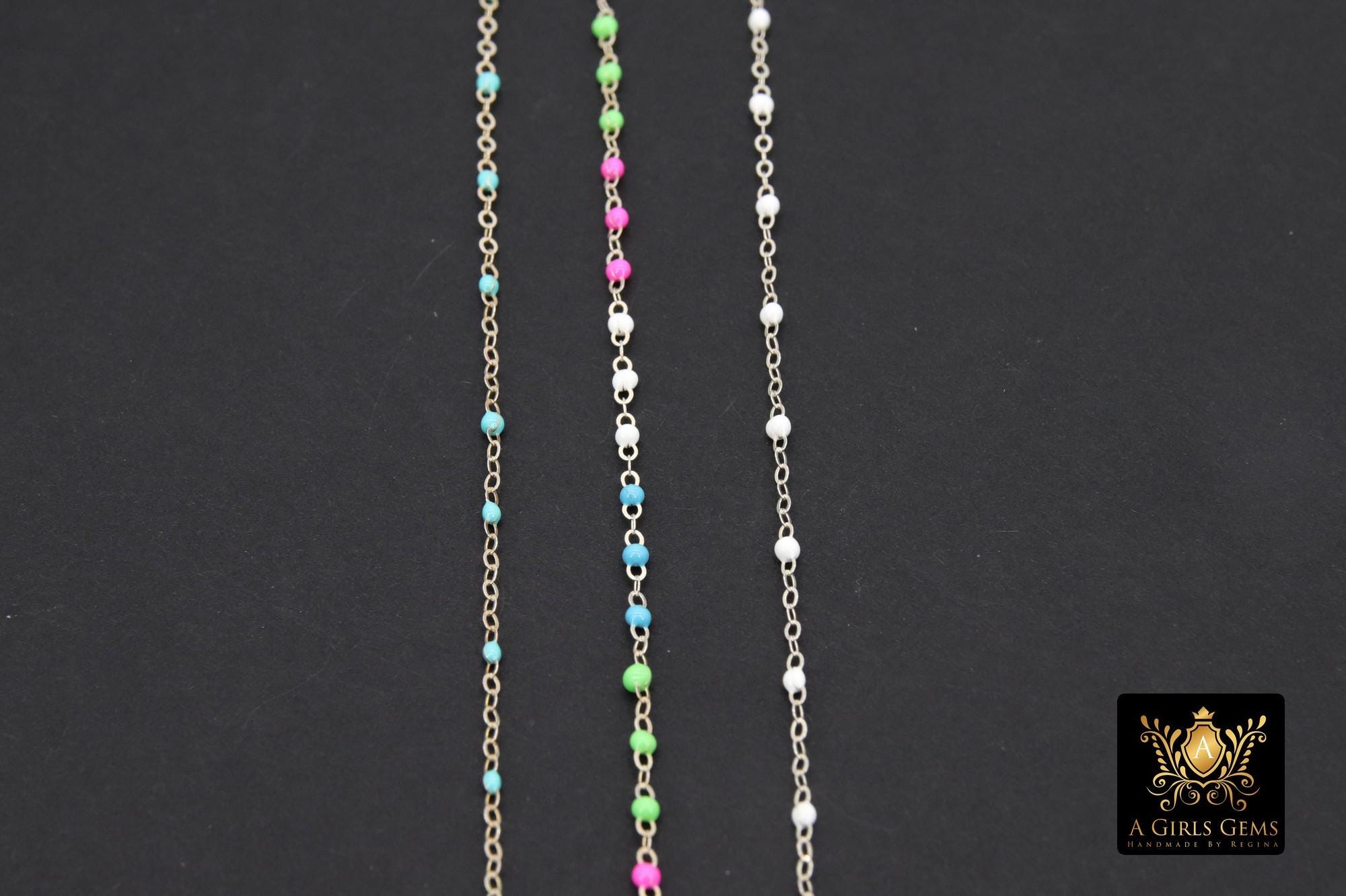 925 Sterling Silver Dainty Beaded Satellite Enamel Chain, 2.1 mm Rainbow Hammered Flat Cable CH #871, Unfinished By Foot
