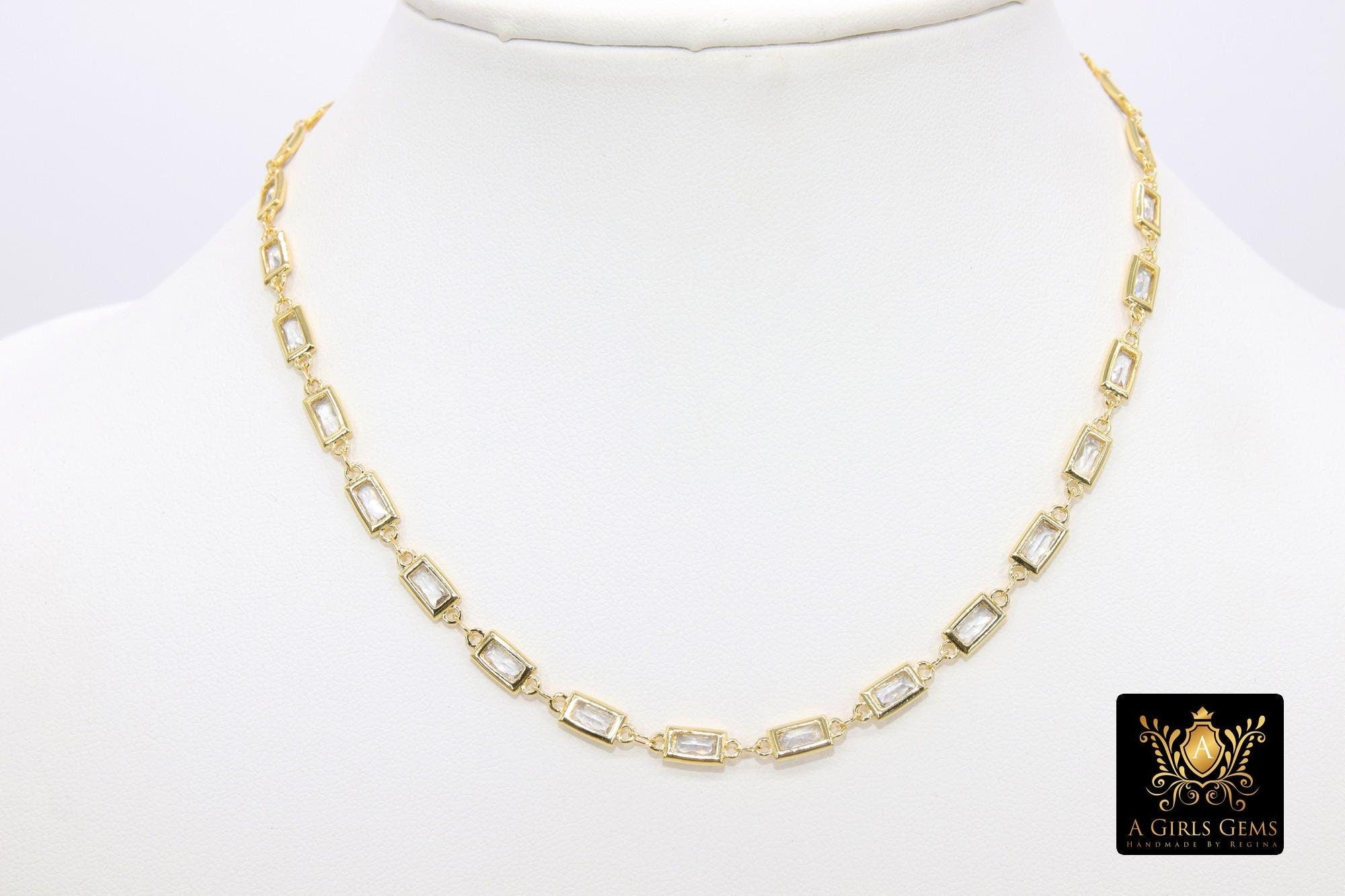 Gold Cubic Zirconia Clear CZ Necklace Choker, Rectangle Shaped CZ