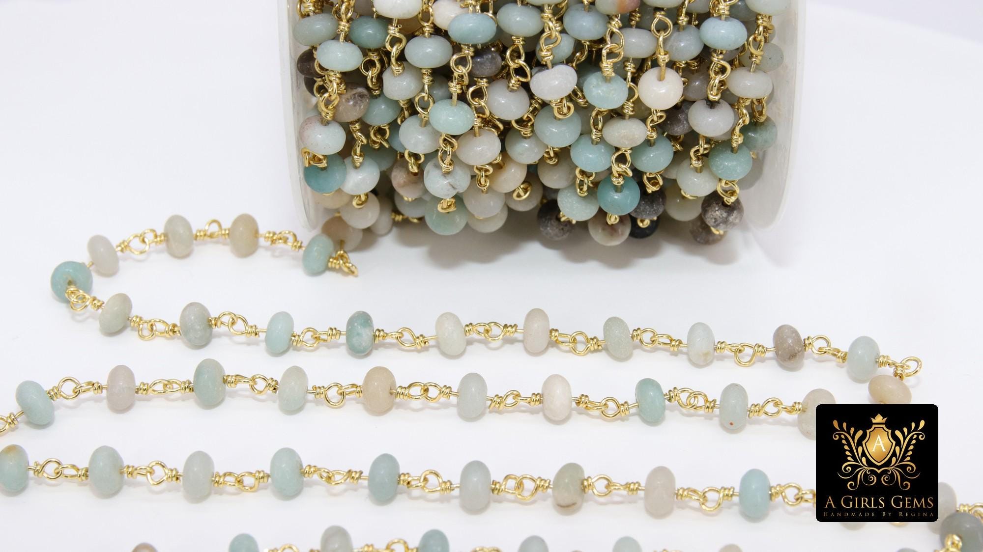 Natural Amazonite Beaded Rondelle Rosary Chain, 6 mm Gold Wire Wrapped CH #541, Blue Stone Chain