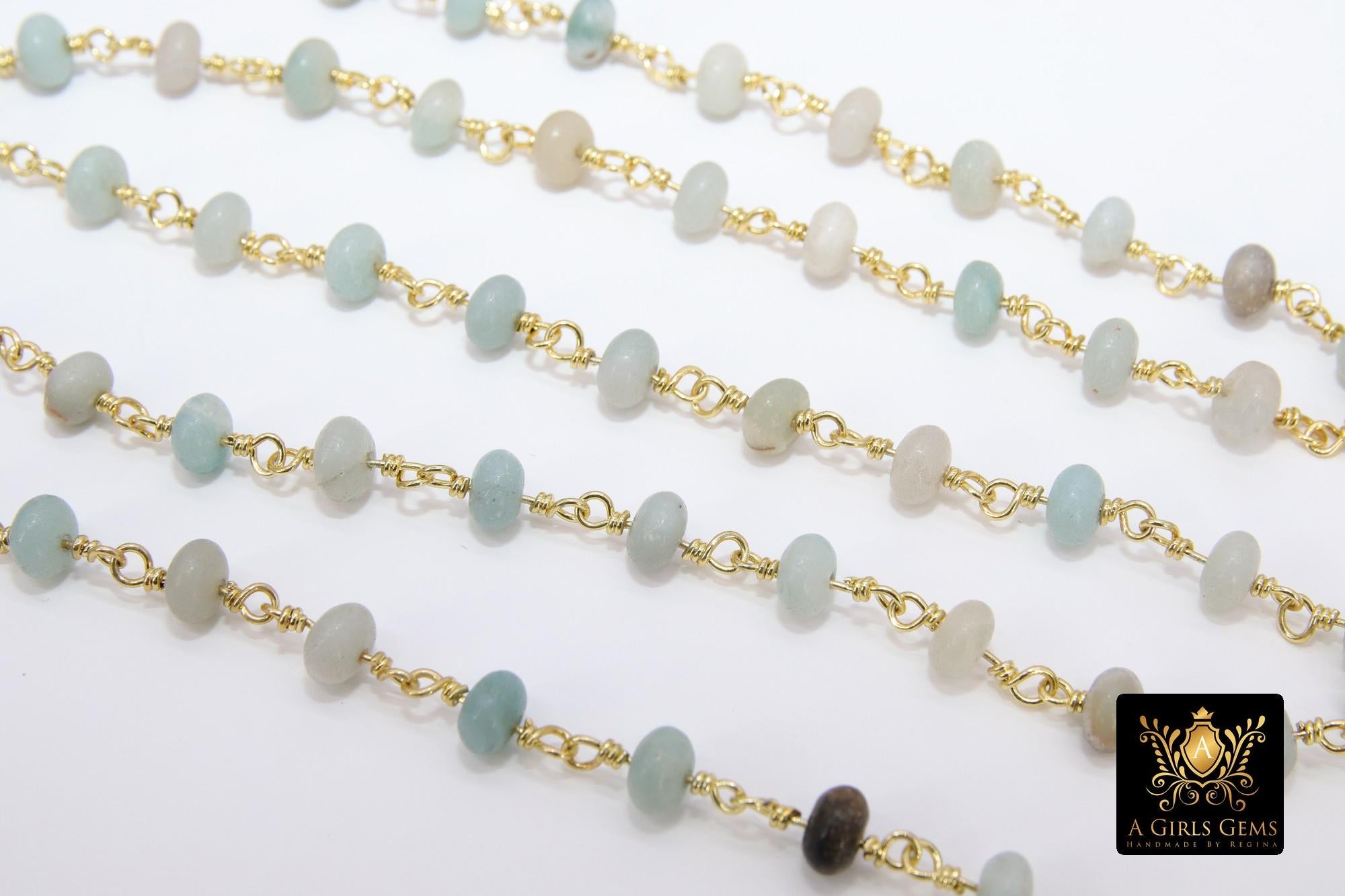 Natural Amazonite Beaded Rondelle Rosary Chain, 6 mm Gold Wire Wrapped CH #541, Blue Stone Chain