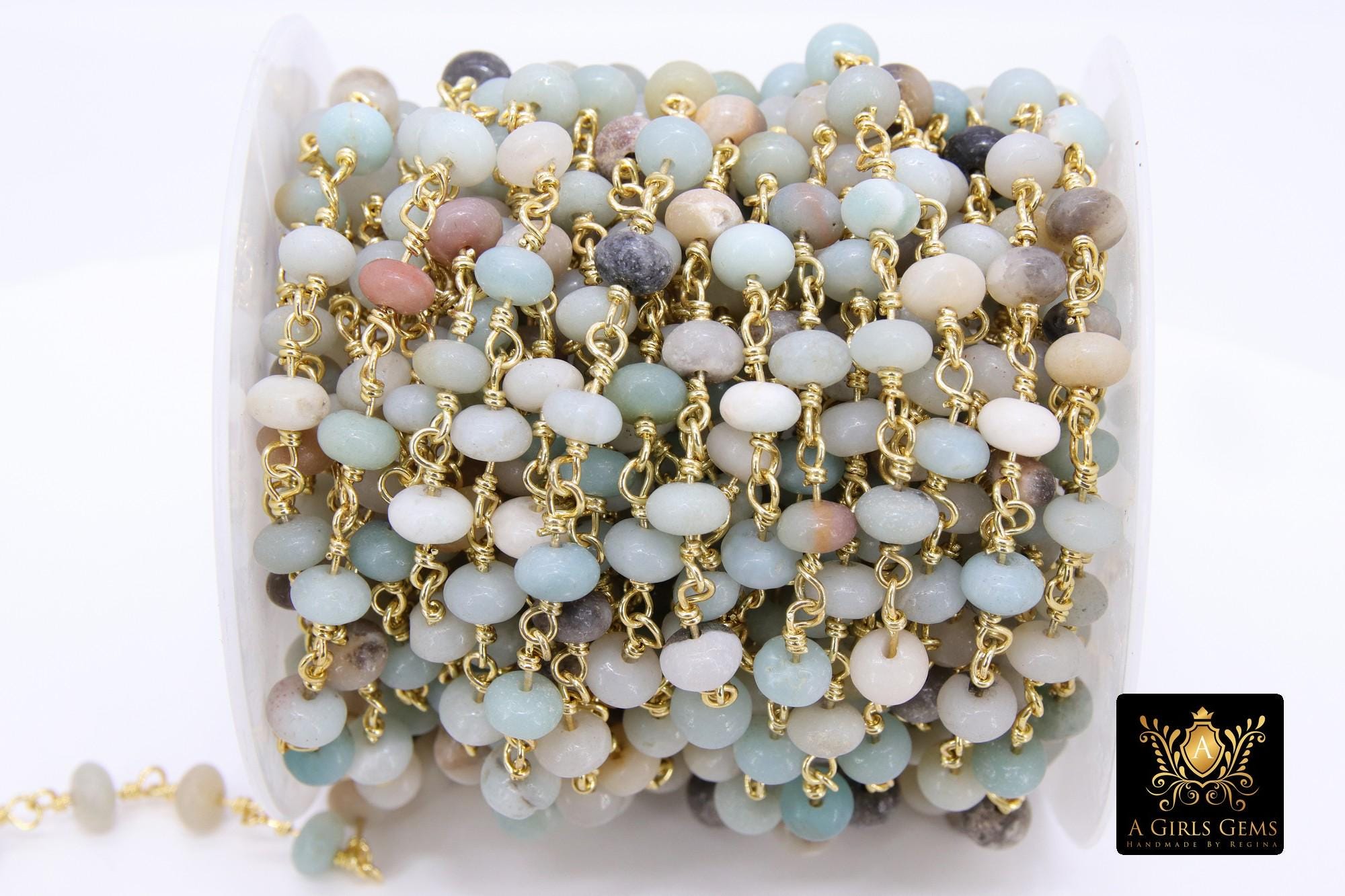 Natural Amazonite Beaded Rondelle Rosary Chain, 6 mm Gold Wire Wrapped CH #541, Blue Stone Chain