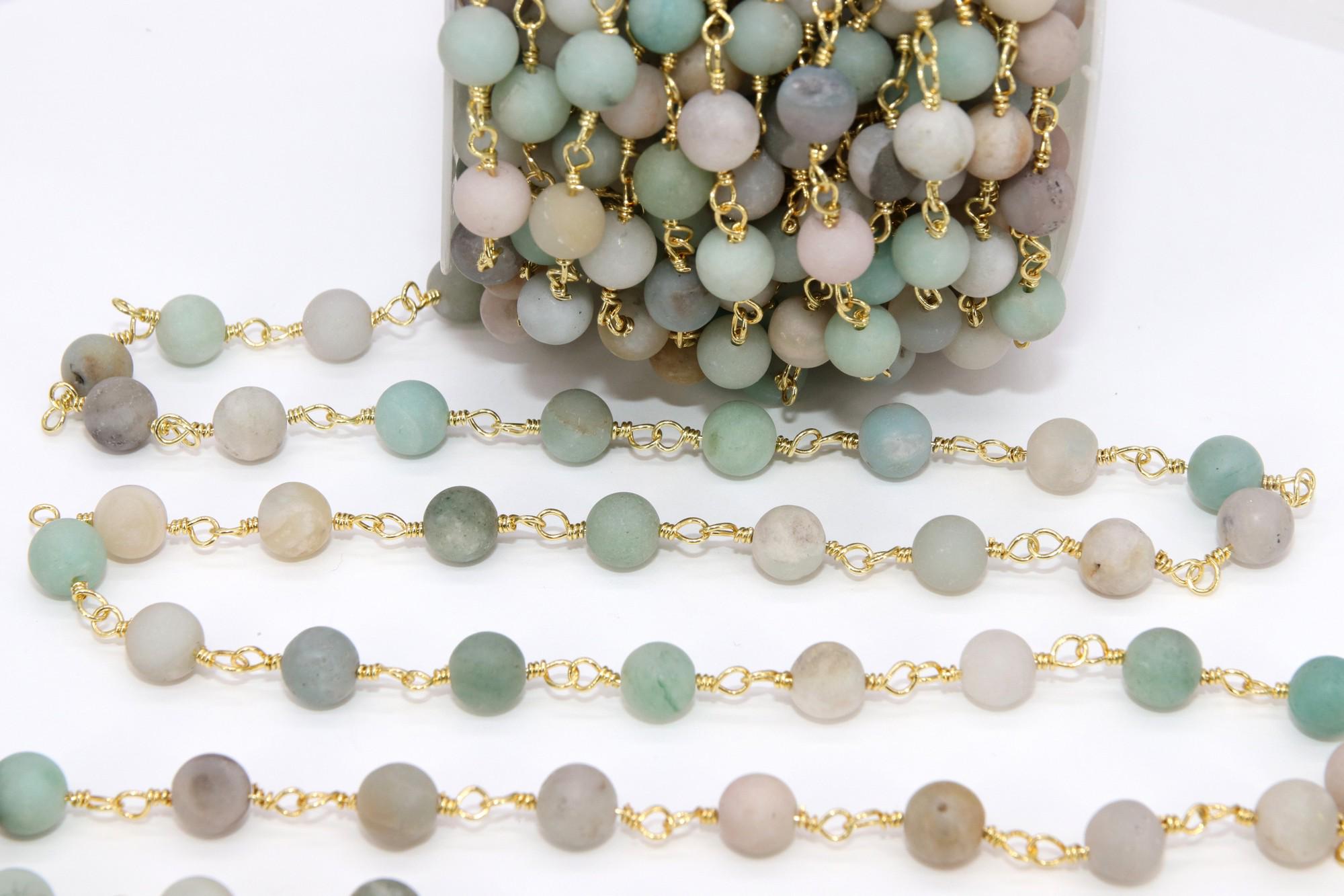 Matte Amazonite Rosary Chain, 8 mm Gold Plated Wire Wrapped Chain CH #542, By The Foot