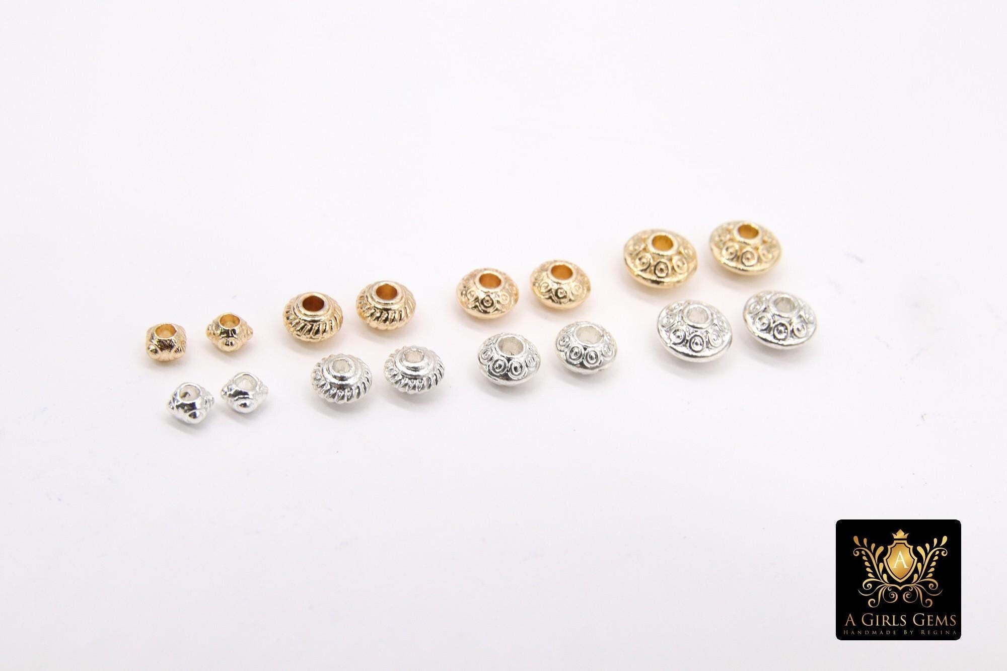 Gold Round Rondelle Beads, 20 Pc Silver Saucer Seamless Patterned Bead AG #3530, 4 mm