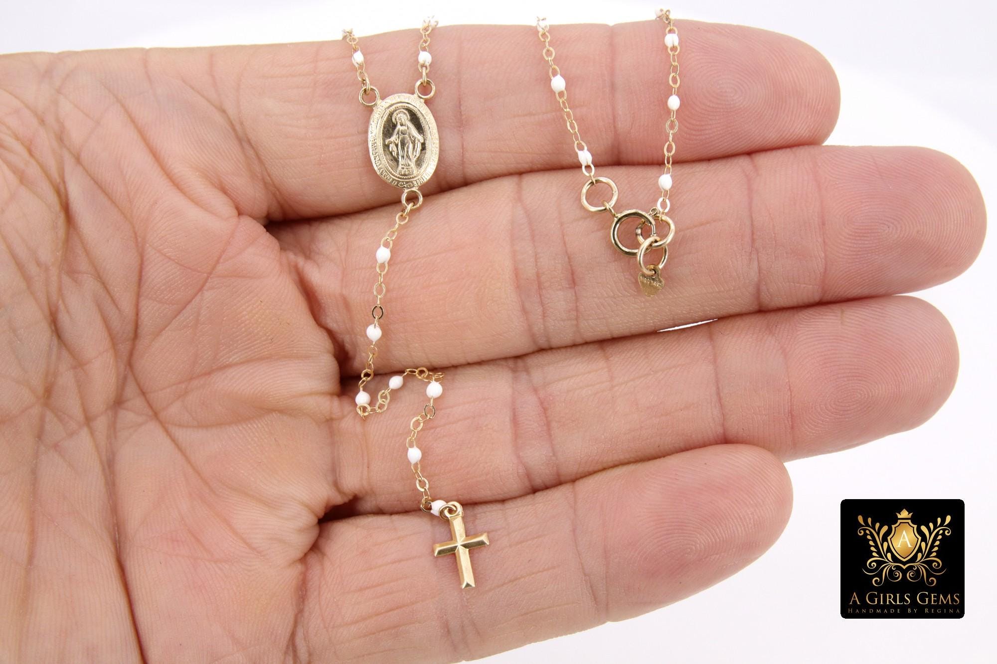 14 K Gold Filled White Beaded Satellite Cross Necklace, Virgin Mary Rosary Choker, Dainty Medallion