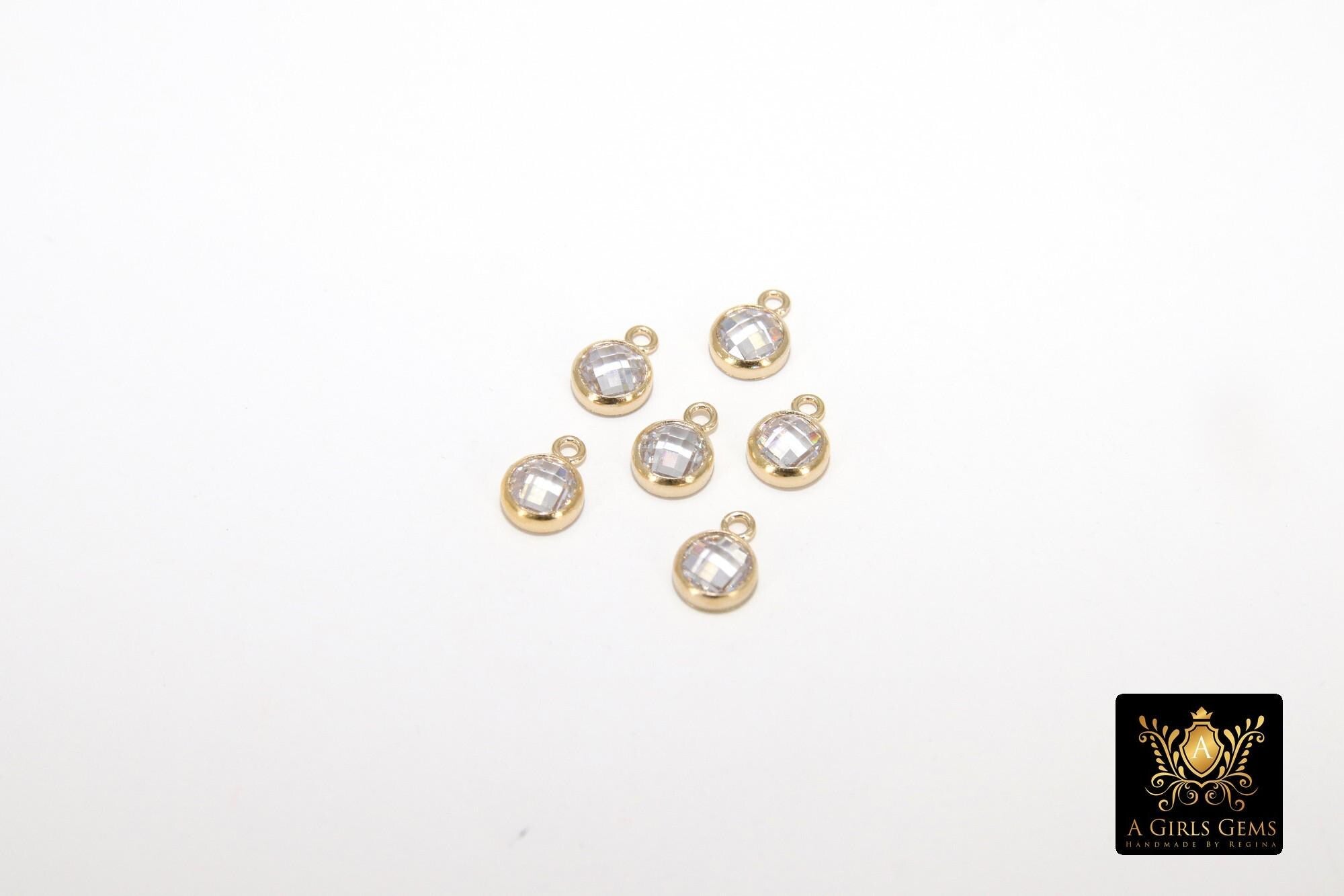 14 K Gold Filled CZ Clear Charm, 4 mm Flat Back Round Charms with Jump Rings #2276, Birthday Permanent Jewelry