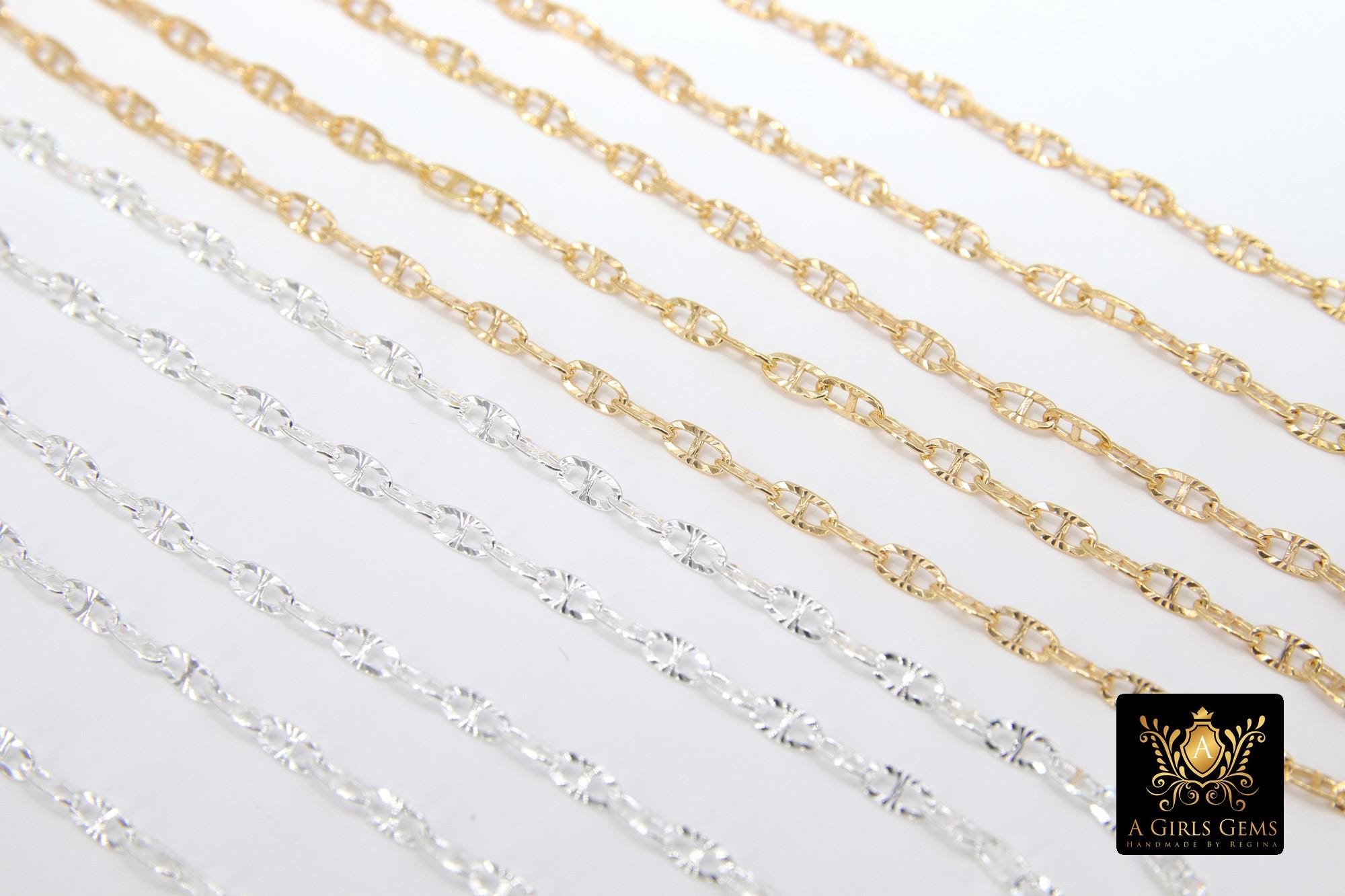 14 K Gold Filled Mariner Chains, 925 Silver Nugget Mariner CH #907, Anchor Sequin Textured Flat Chain