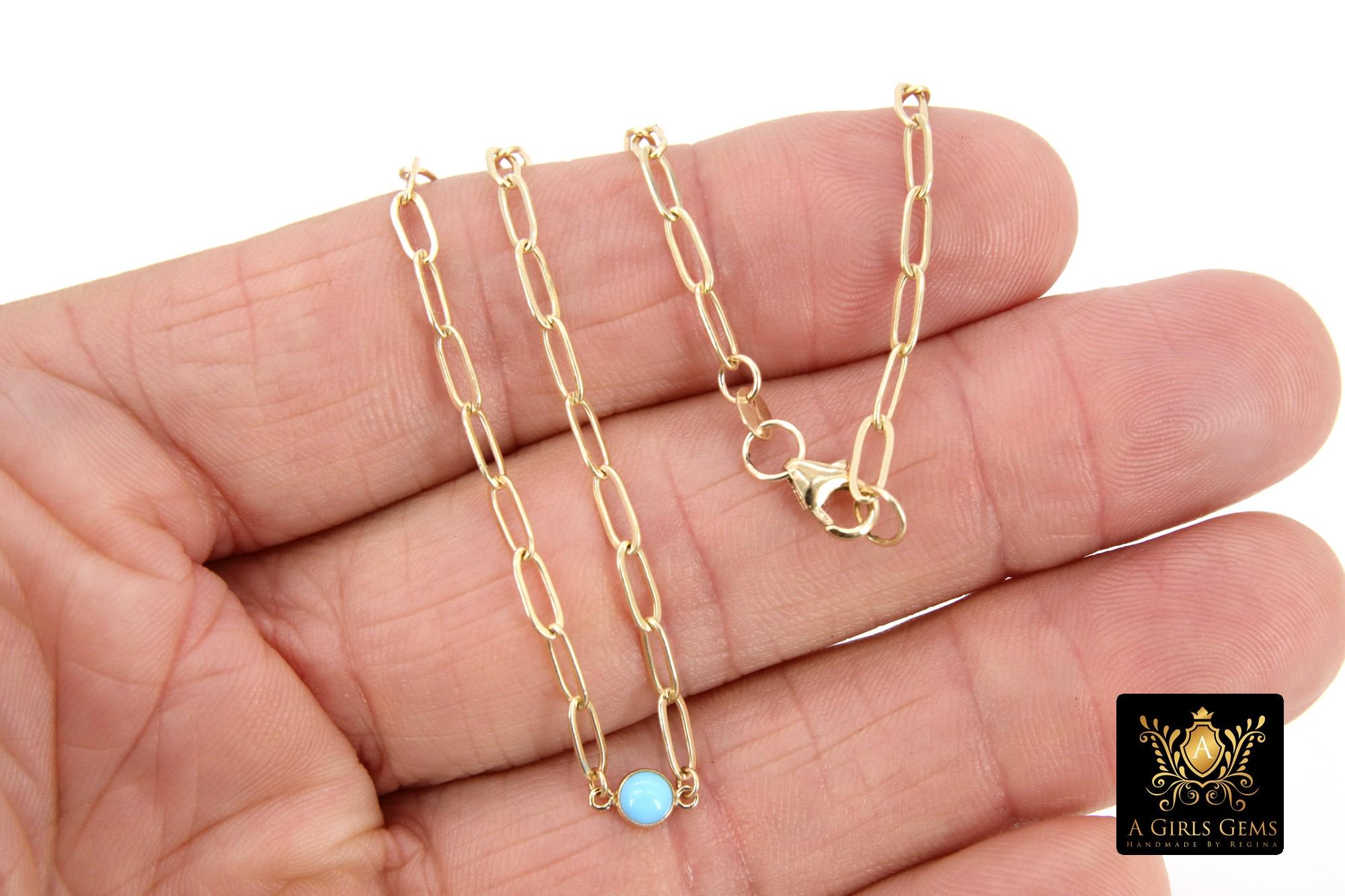 14 K Gold Filled Blue Turquoise CZ Chain Necklace, Genuine 14 K Gold Filled Paperclip Choker #2626, White and Pink Opal