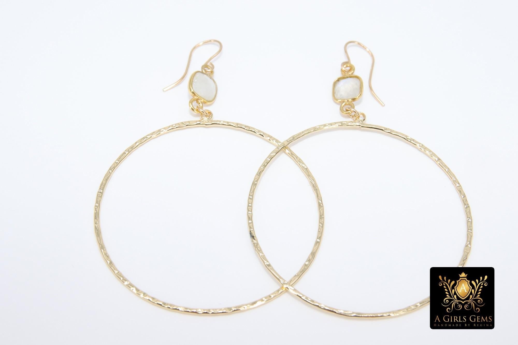 Gold Gemstone Hoop Earrings, 14 K Gold Filled Fancy Hook Ear Wires #692, Gold Plated Round Hoops with Rainbow Moonstone Gemstone