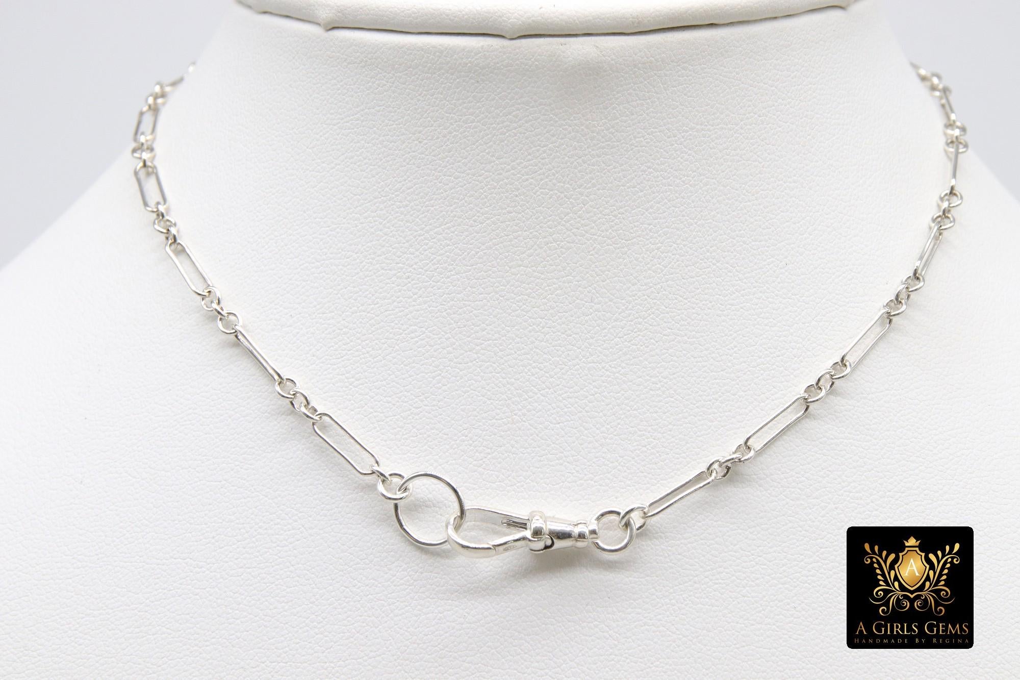 Silver Swivel Fob Chain Necklace, 925 Sterling Silver Rectangle Rolo Chain, Front Clasp Paperclip Chain Link Choker