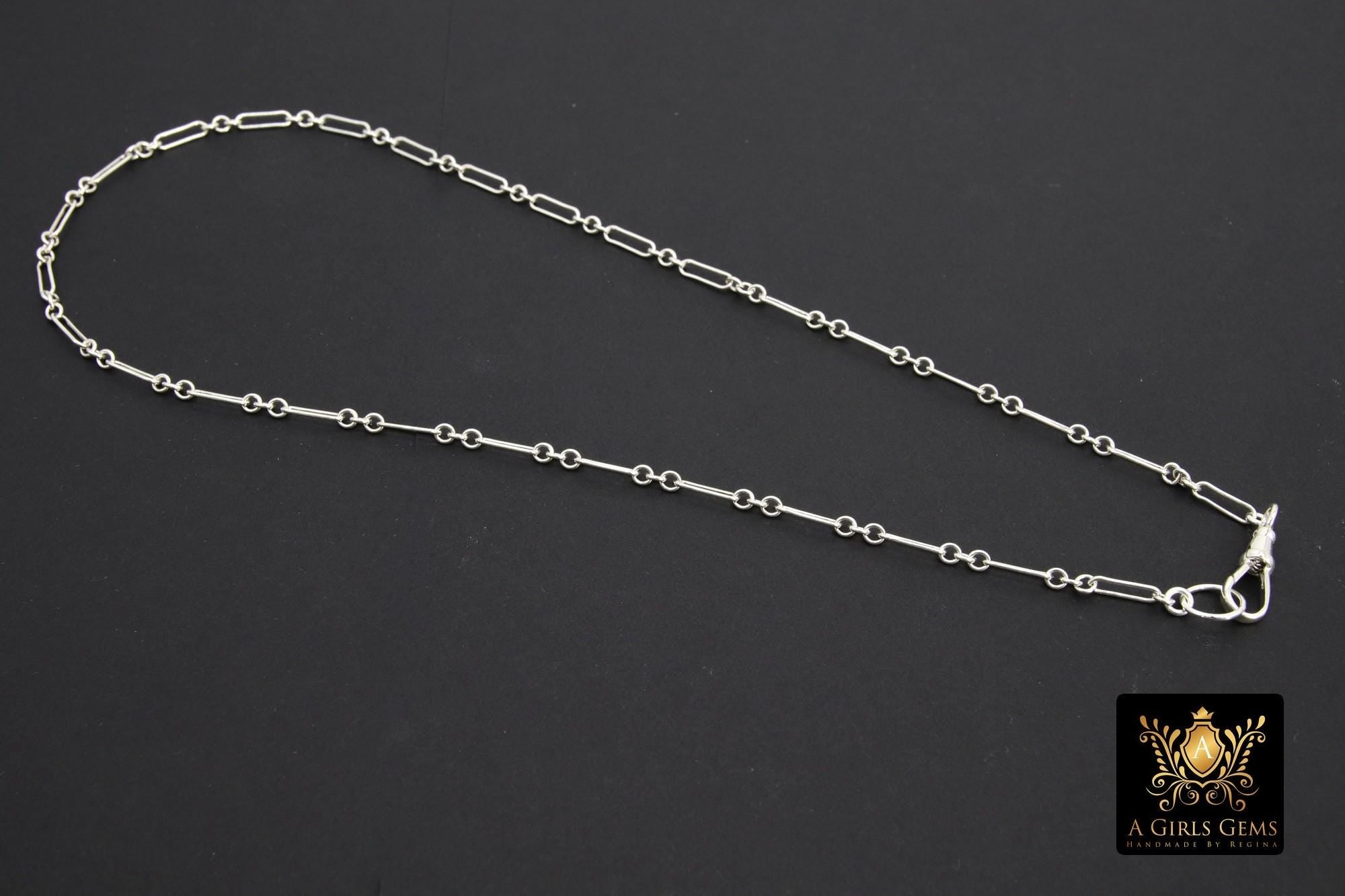 Silver Swivel Fob Chain Necklace, 925 Sterling Silver Rectangle Rolo Chain, Front Clasp Paperclip Chain Link Choker