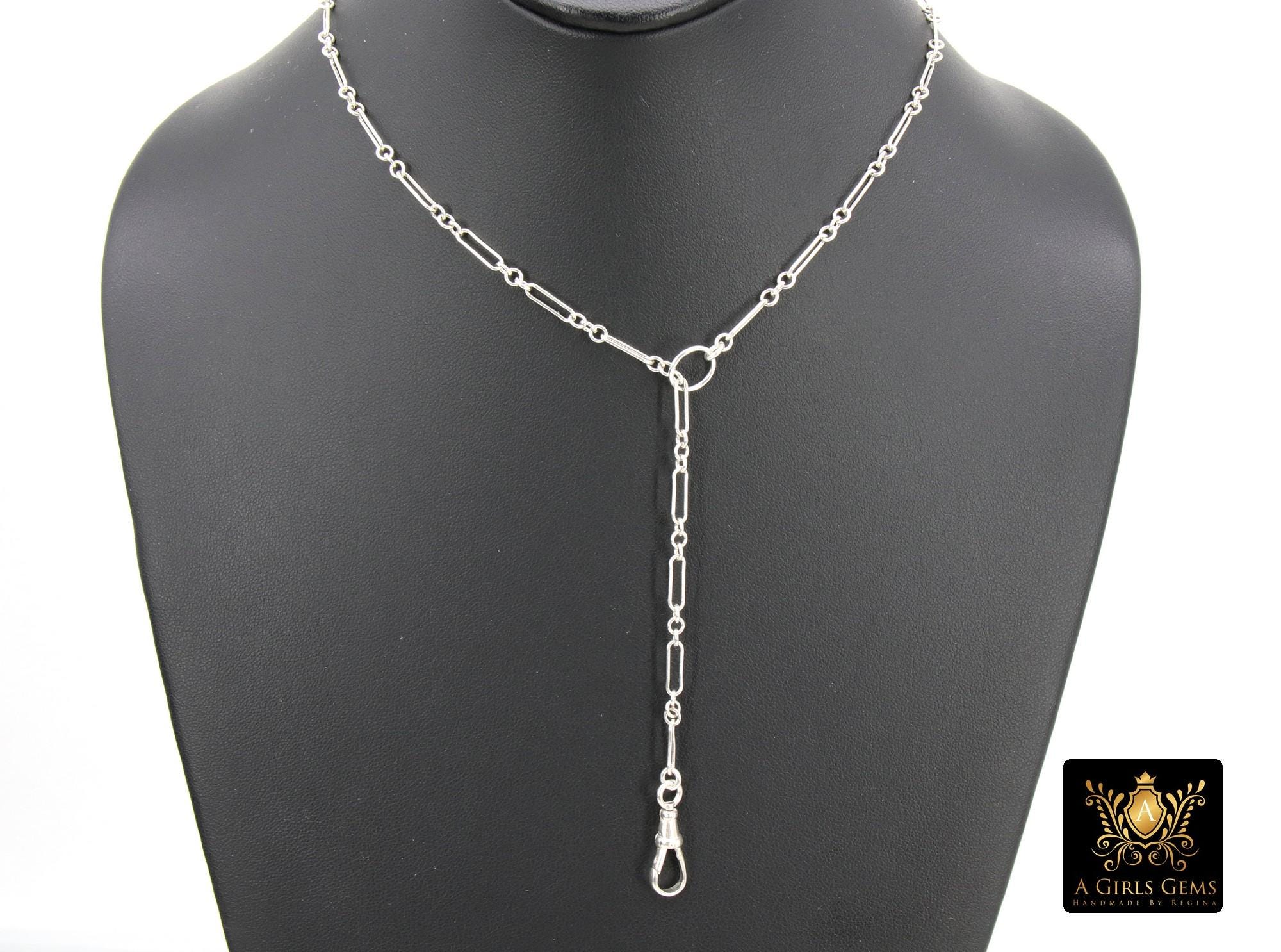 Silver Swivel Fob Chain Necklace, 925 Sterling Silver Rectangle Rolo Chain, Front Clasp Paperclip Chain Link Choker