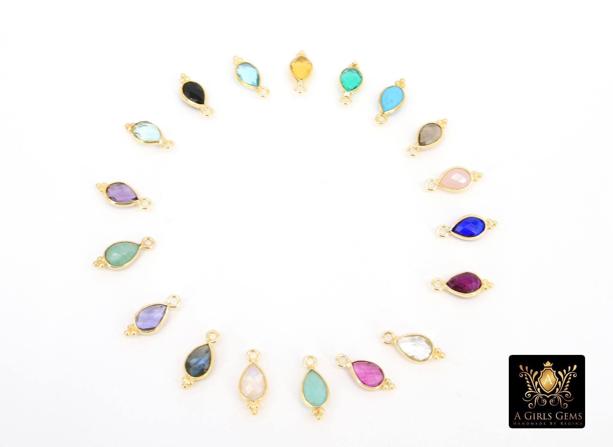 Gold Teardrop Gemstone Charm, Faceted Birthstone Drop Charms With 3 Bead Edge #3560, 7 x 16 mm Gold Plated 925 Sterling Silver