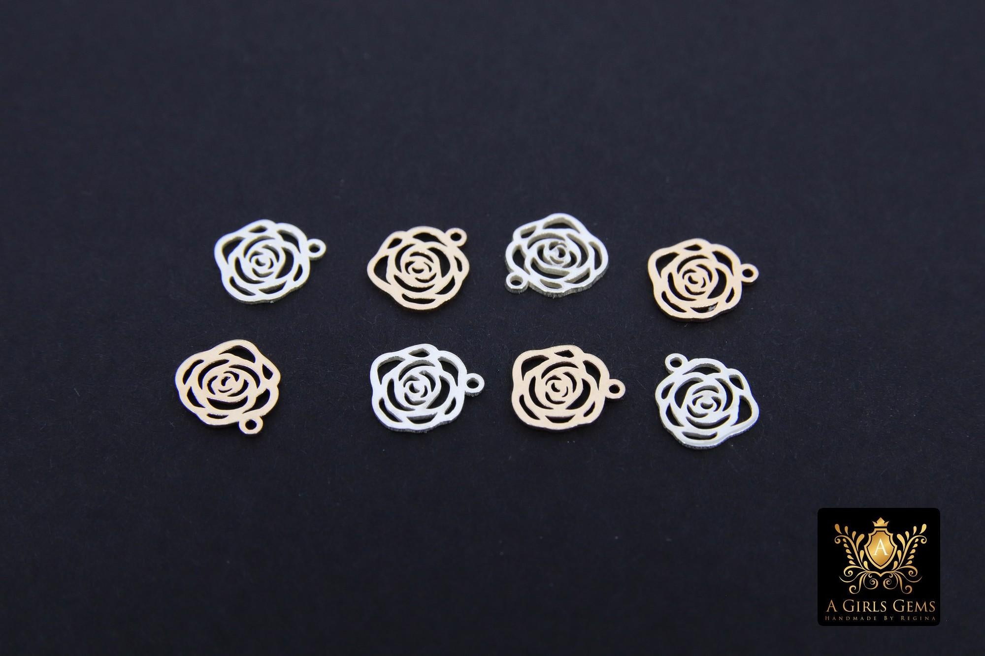 14 K Gold Filled Camellia Charms, 925 Sterling Silver Rose Flower Charms #927, 8 mm Gold Love Devotion Floral Charms