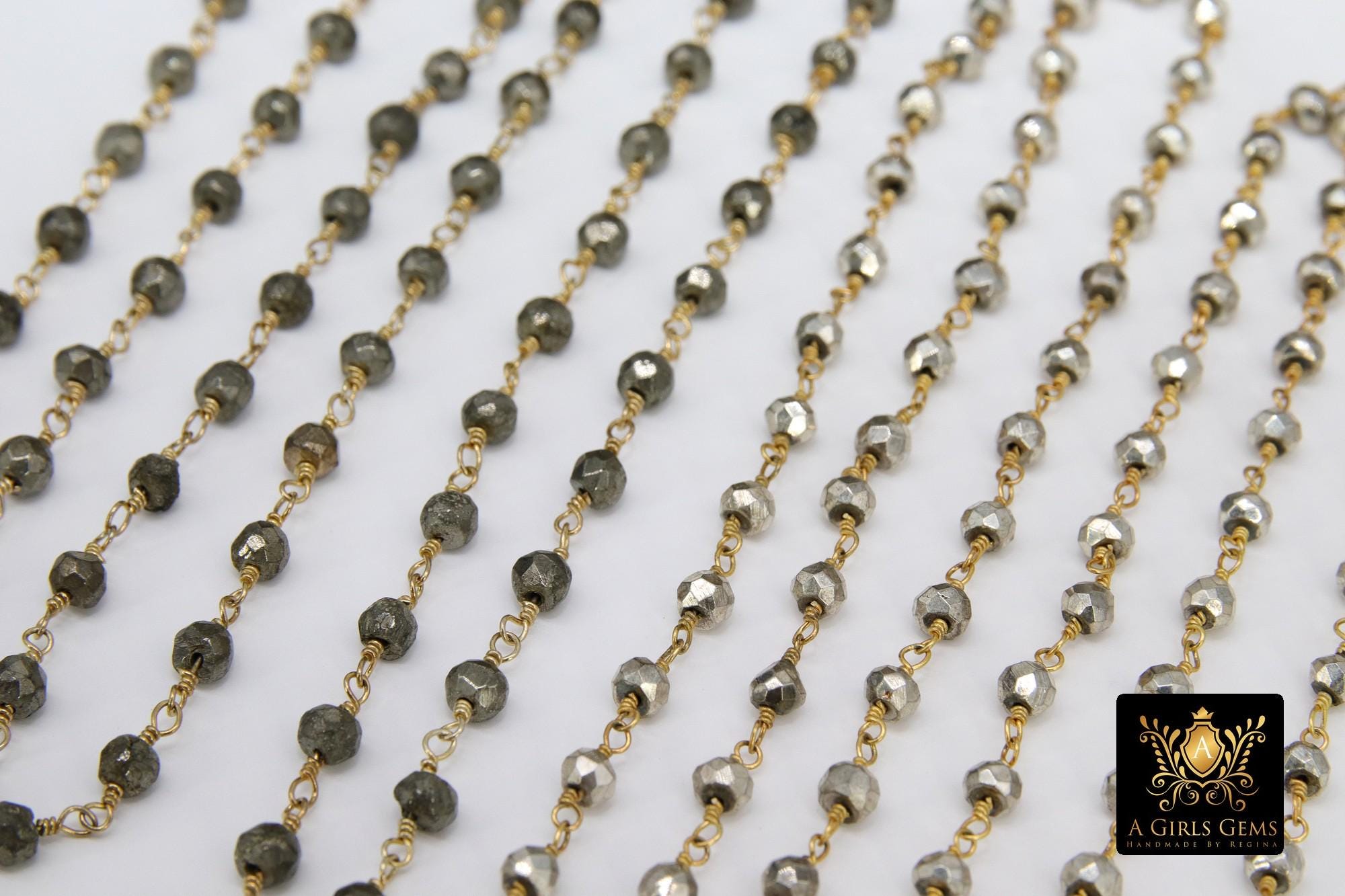 Pyrite Beaded Rosary Chain, Natural Faceted 4 mm Pyrite Bead CH #501, Quality Gold Plated Wire Wrapped Jewelry Chains