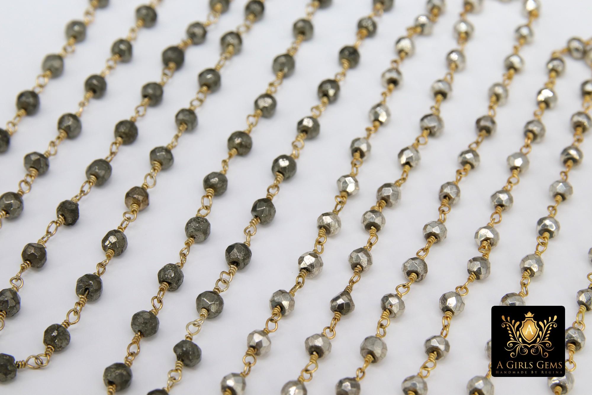 Pyrite Beaded Rosary Chain, Natural Faceted 4 mm Pyrite Bead CH #501, Quality Gold Plated Wire Wrapped Jewelry Chains