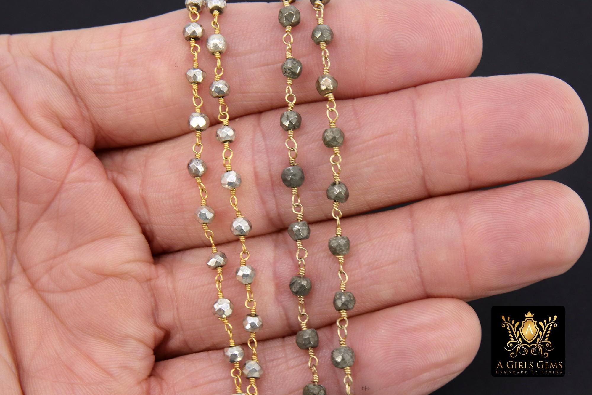 Pyrite Beaded Rosary Chain, Natural Faceted 4 mm Pyrite Bead CH #501, Quality Gold Plated Wire Wrapped Jewelry Chains