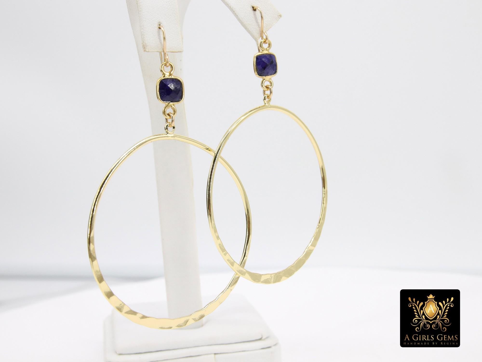 Gold Navy Blue Gemstone Hoop Earrings, 14 K Gold Filled Fancy Hook Ear Wires #692, Gold Plated Round Hoops with Sapphire Gemstone