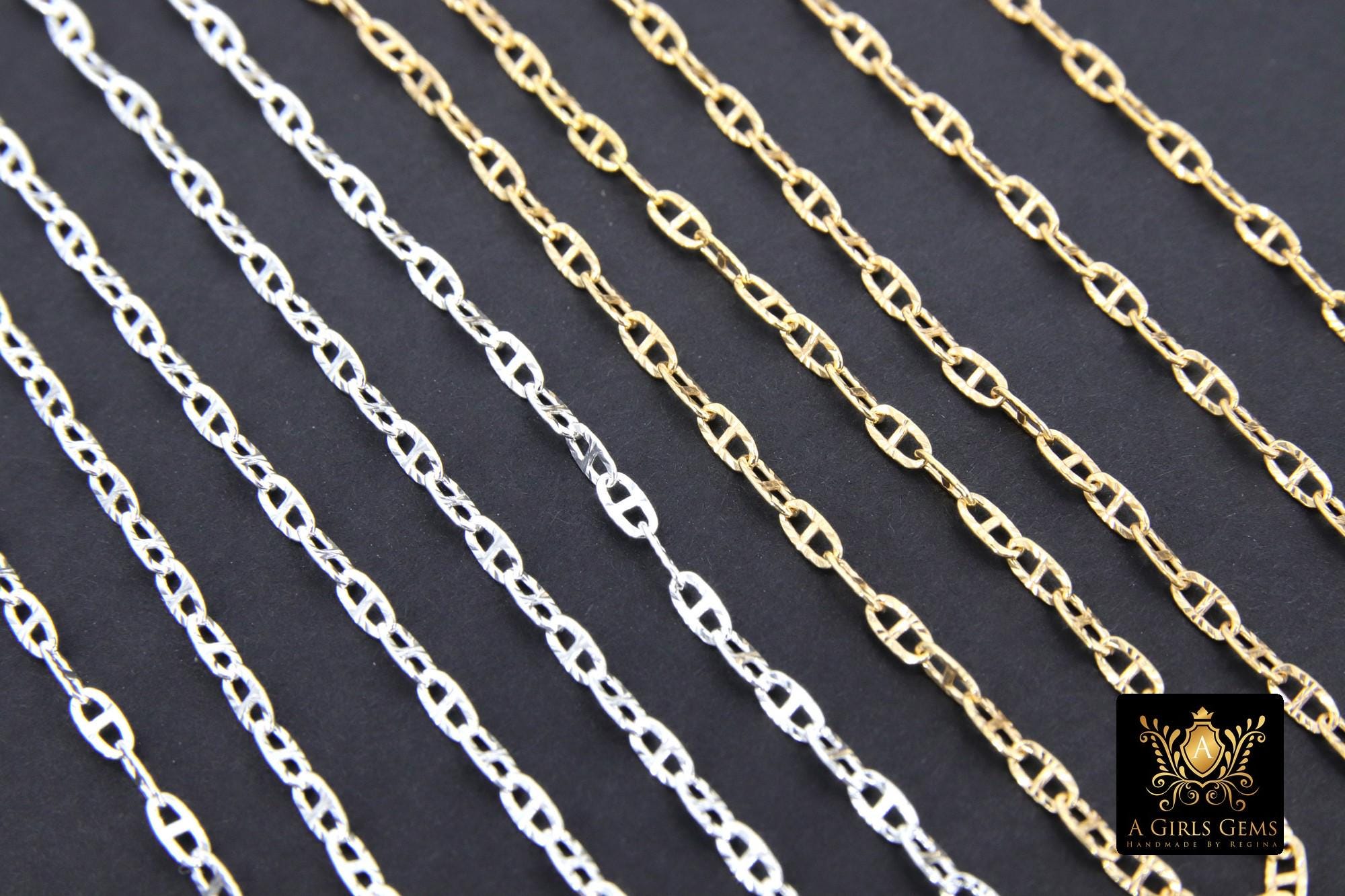 14 K Gold Filled Mariner Chains, 925 Silver Nugget Mariner CH #907, Anchor Sequin Textured Flat Chain