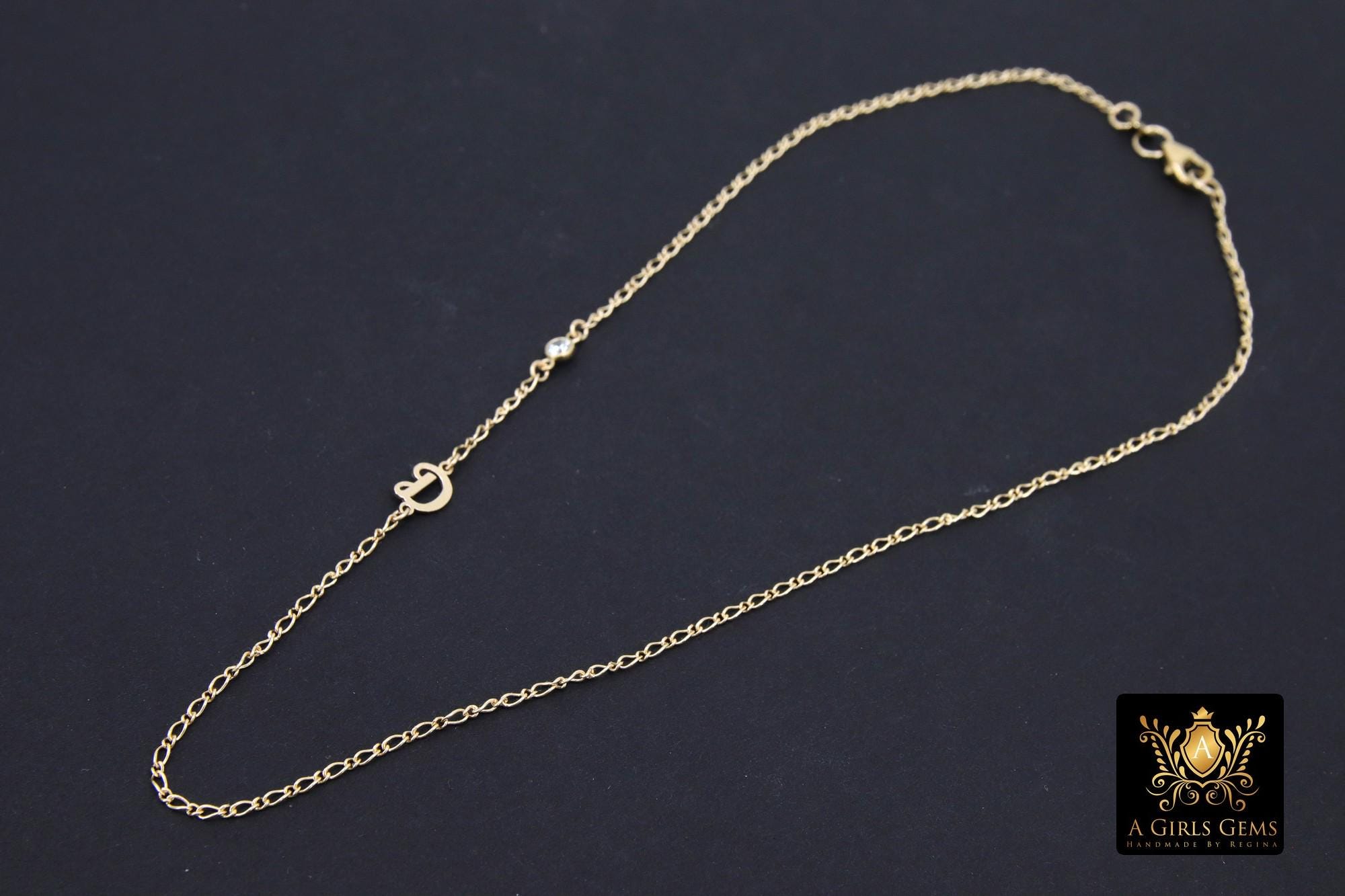 14 K Gold Filled Figaro Initial CZ Chain Necklace, Letter Birthstone Charm Choker, Stamped 14 20