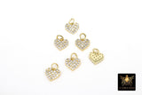 CZ Paved Gold Heart Charm, 9 mm Silver Cubic Zirconia Flat Heart Shaped Charm #170, Tiny CZ Heart Charms
