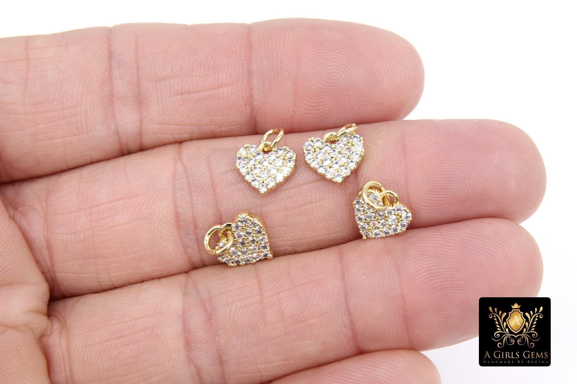 8 mm Gold and Silver Plated Small Cubic Zirconia Heart Shaped Charms, Tiny CZ Heart Charms