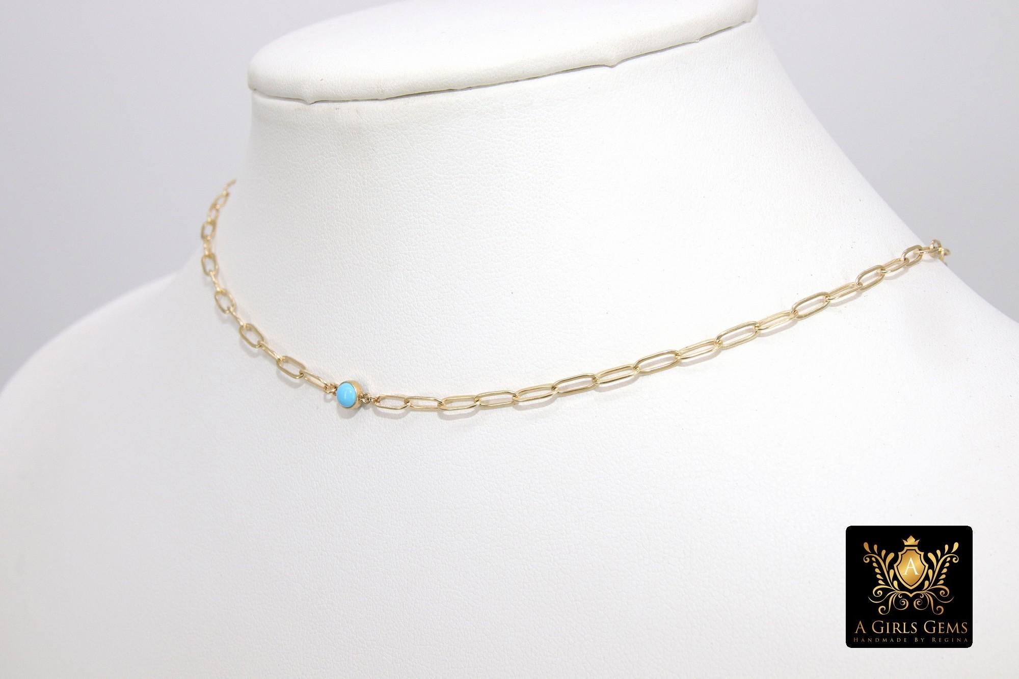 14 K Gold Filled Blue Turquoise CZ Chain Necklace, Genuine 14 K Gold Filled Paperclip Choker #2626, White and Pink Opal