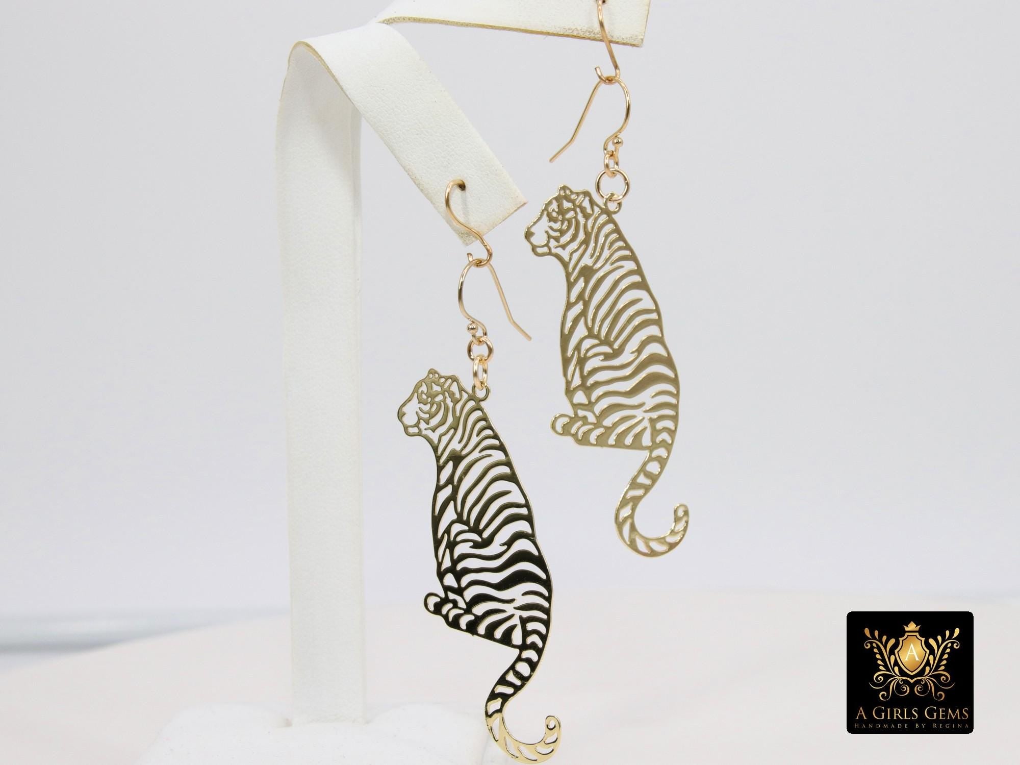 14 K Gold Filled Earrings With Plated Full Body Tiger Charm Hoops