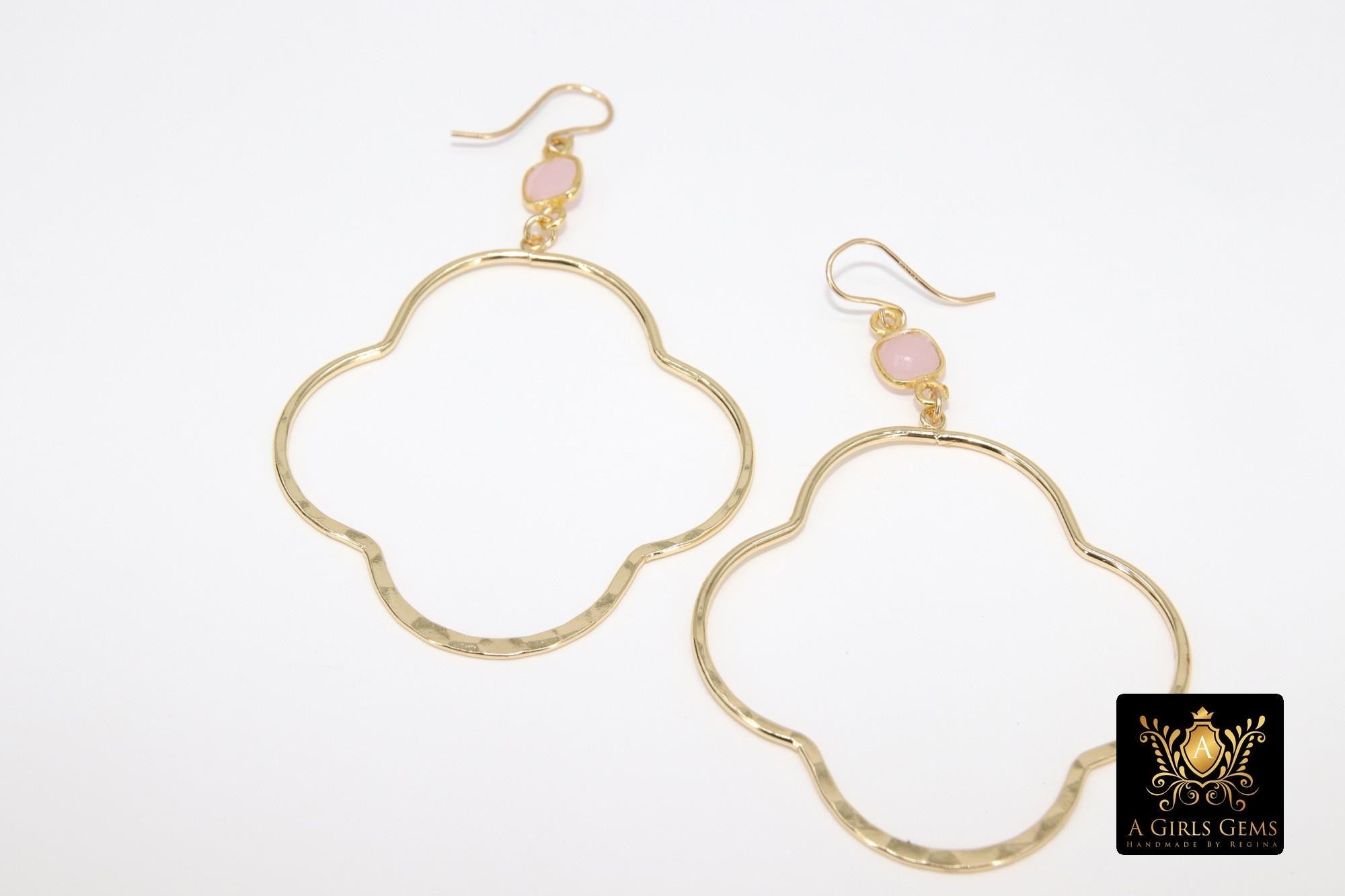 Gold Gemstone Clover Hoop Earrings, 14 K Gold Filled Fancy Hook Ear Wires #692, Gold Plated Hoops with Rose Quartz Pink Gemstone Earrings