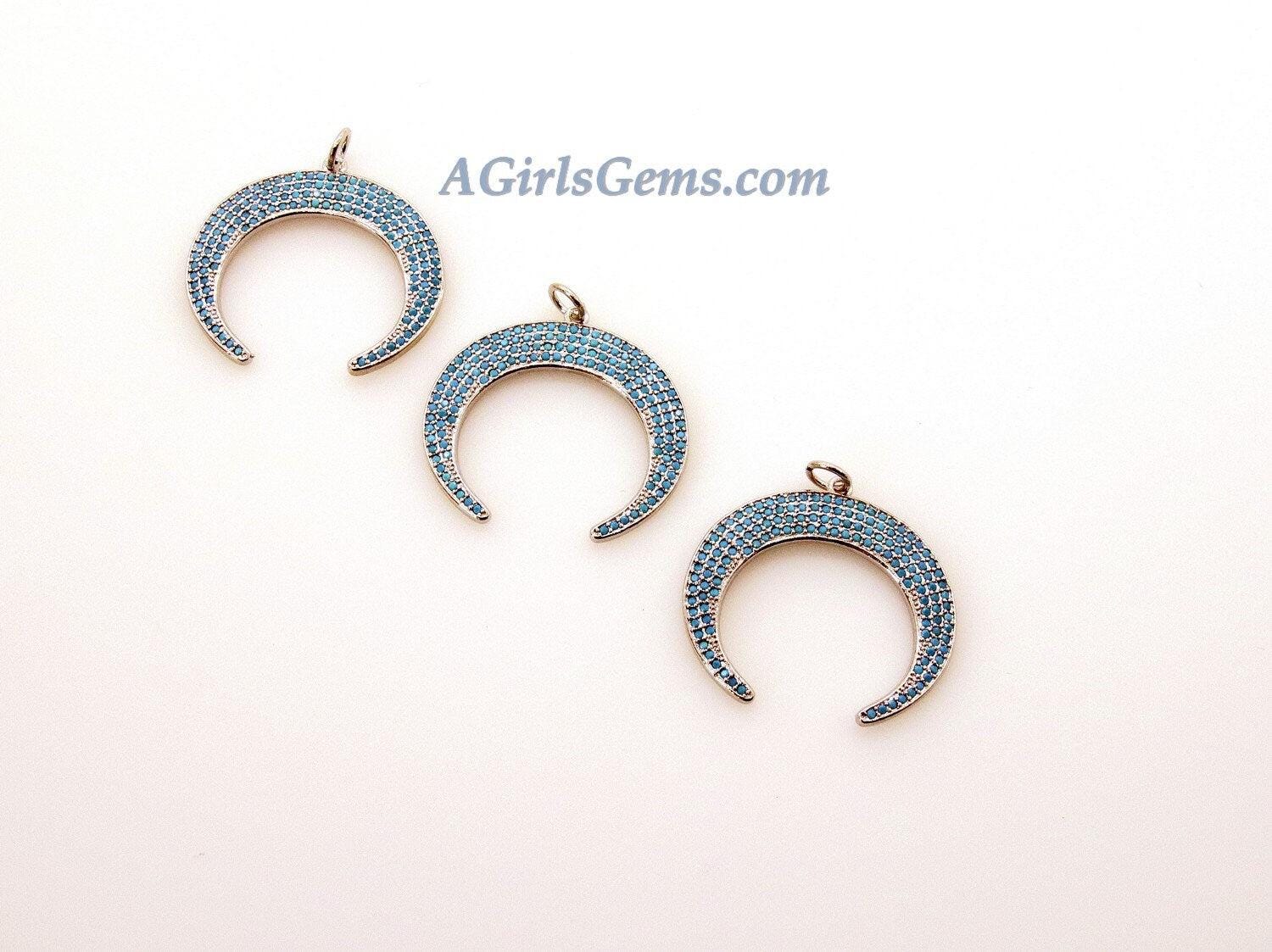 Turquoise Horn Pendant, Large CZ Micro Pave Crescent Moon, 18 K Gold Plated Blue Southwest Necklace Charm