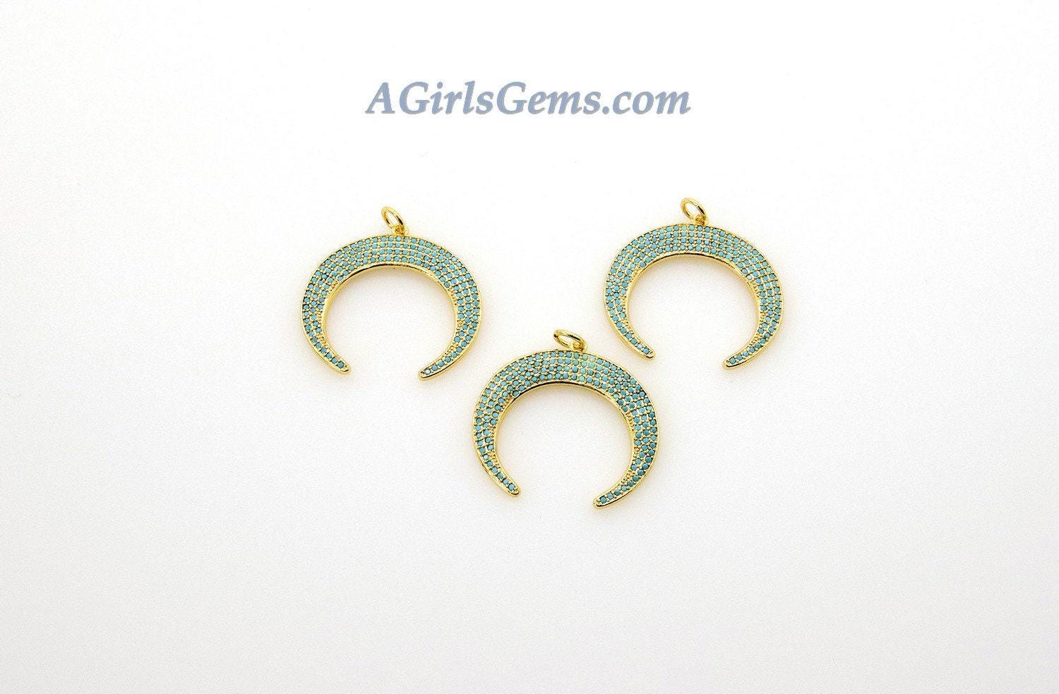 Turquoise Horn Pendant, Large CZ Micro Pave Crescent Moon, Blue Southwest Necklace Charm