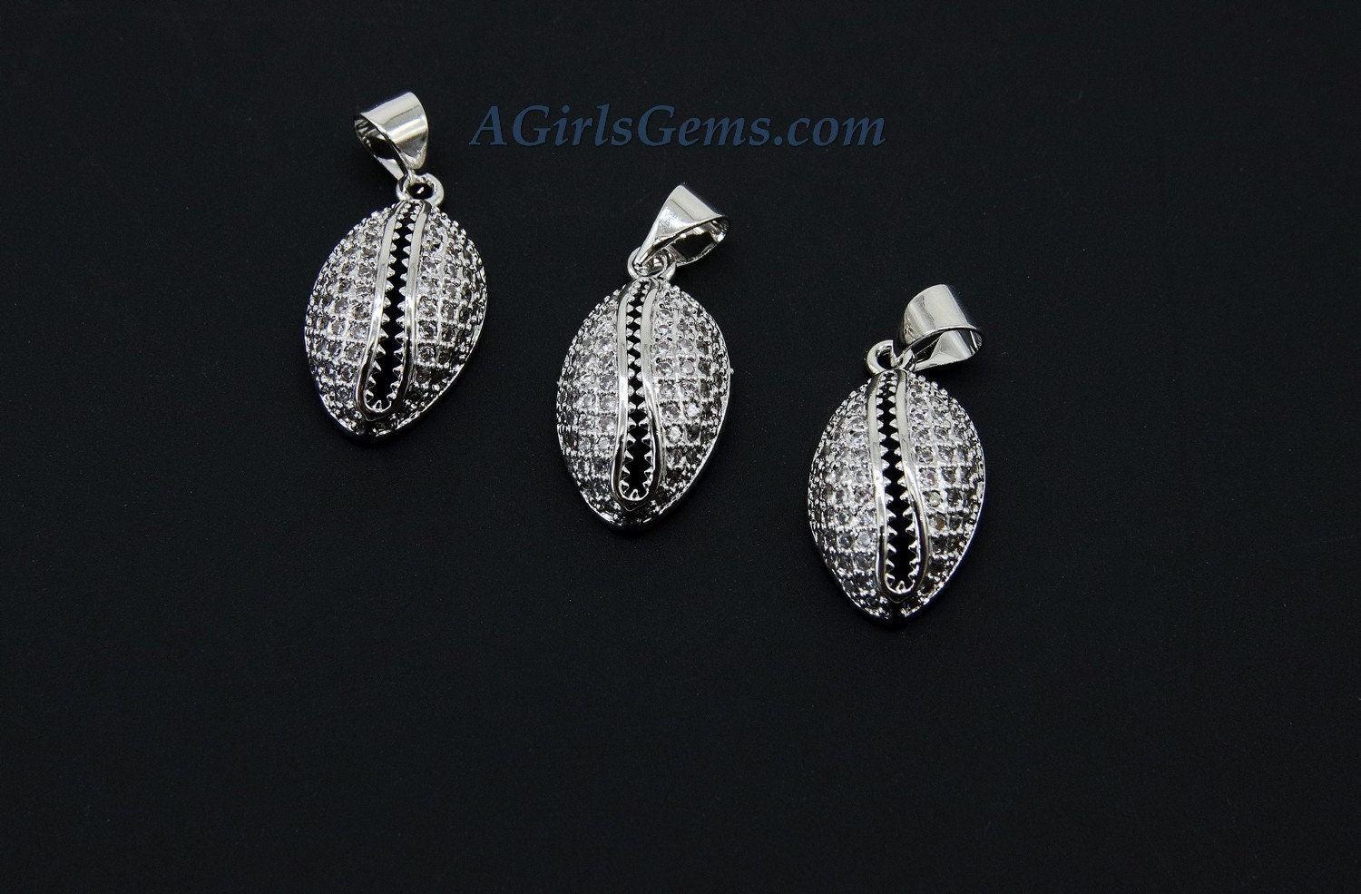 CZ Micro Pave Cowrie Shell Pendant, 2 Pcs Cubic Zirconia Seashell, Conch Shells Charm