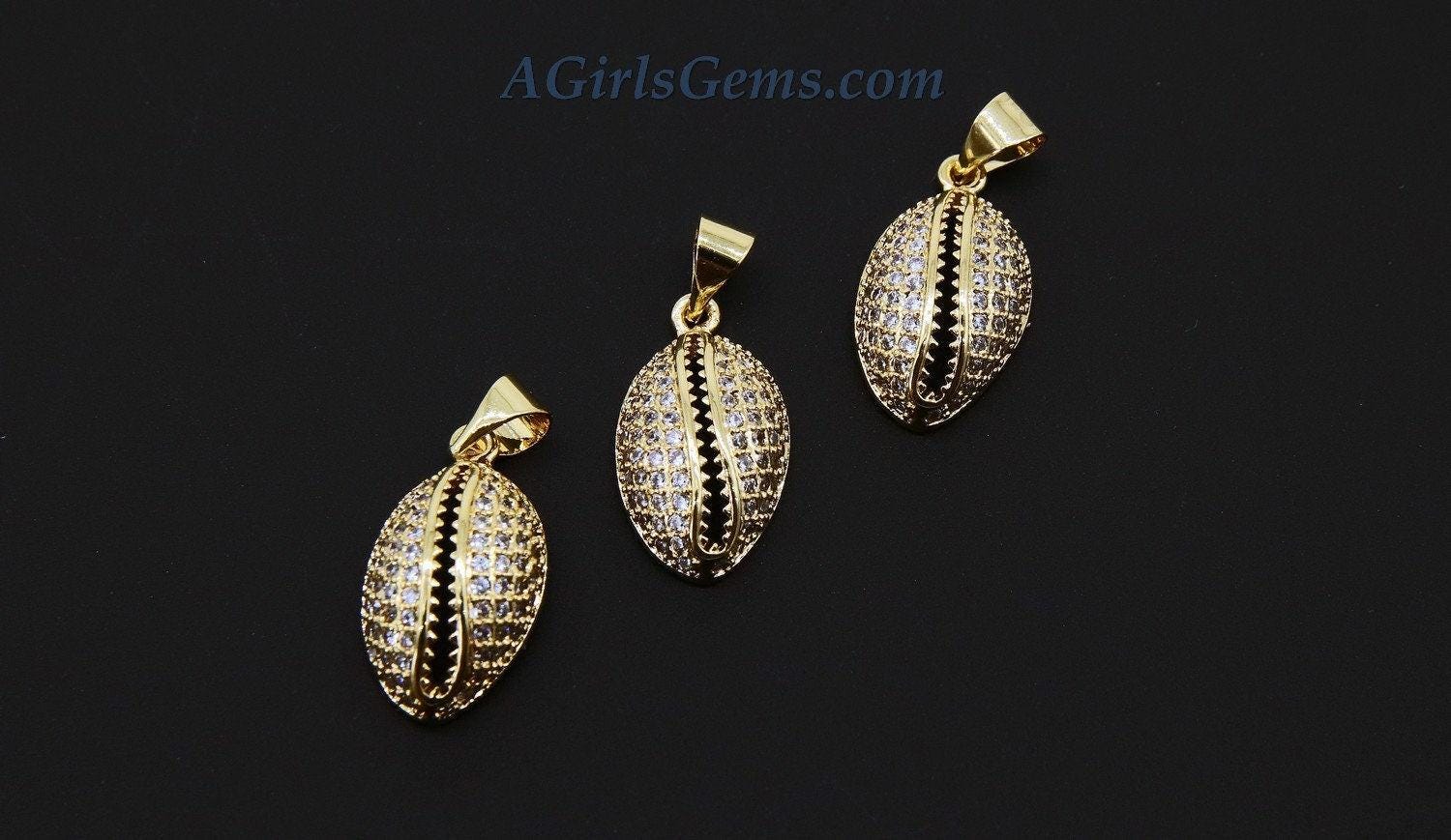 CZ Micro Pave Cowrie Shell Pendant, 2 Pcs Cubic Zirconia Seashell, Conch Shells Charm