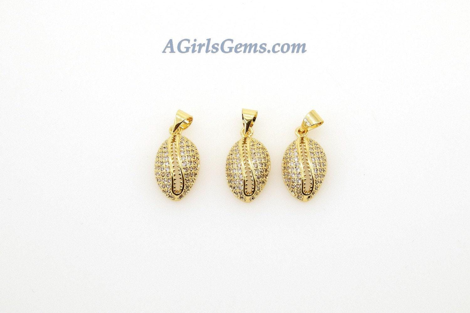 CZ Micro Pave Cowrie Shell Pendant, 2 Pcs Cubic Zirconia Seashell, Conch Shells Charm