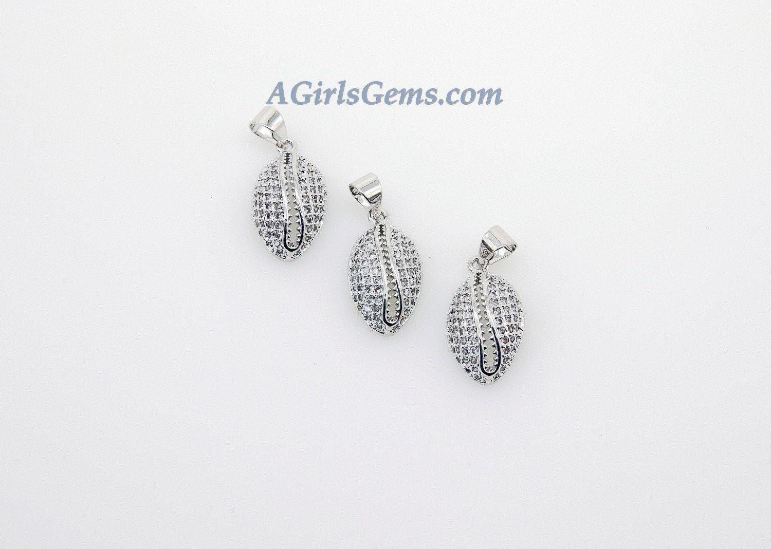 CZ Micro Pave Cowrie Shell Pendant, 2 Pcs Cubic Zirconia Seashell, Conch Shells Charm