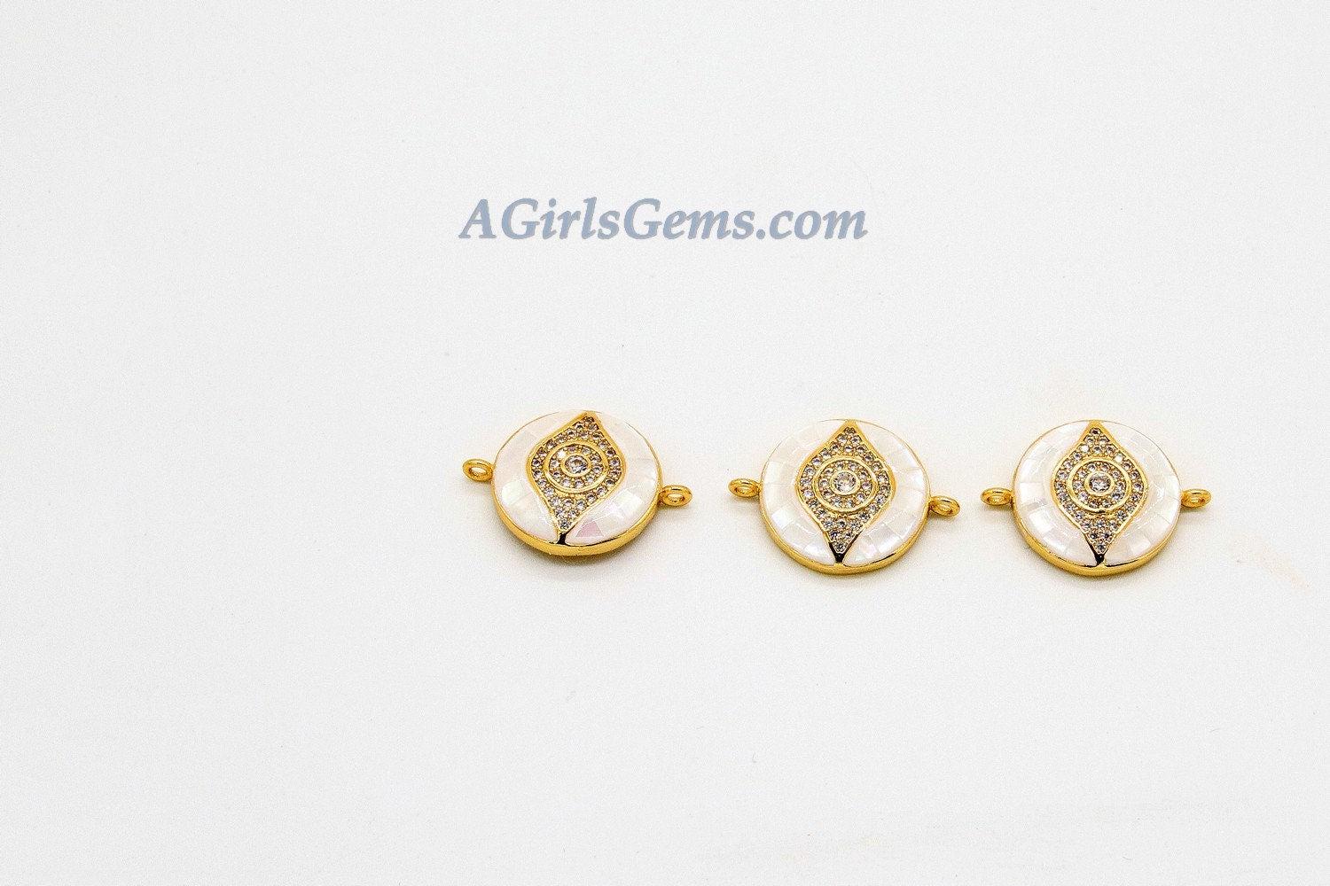 Evil Eye Connector, CZ Pave Gold Shell White Evil Eye Protection #393, Mother of Pearl Evil Eye