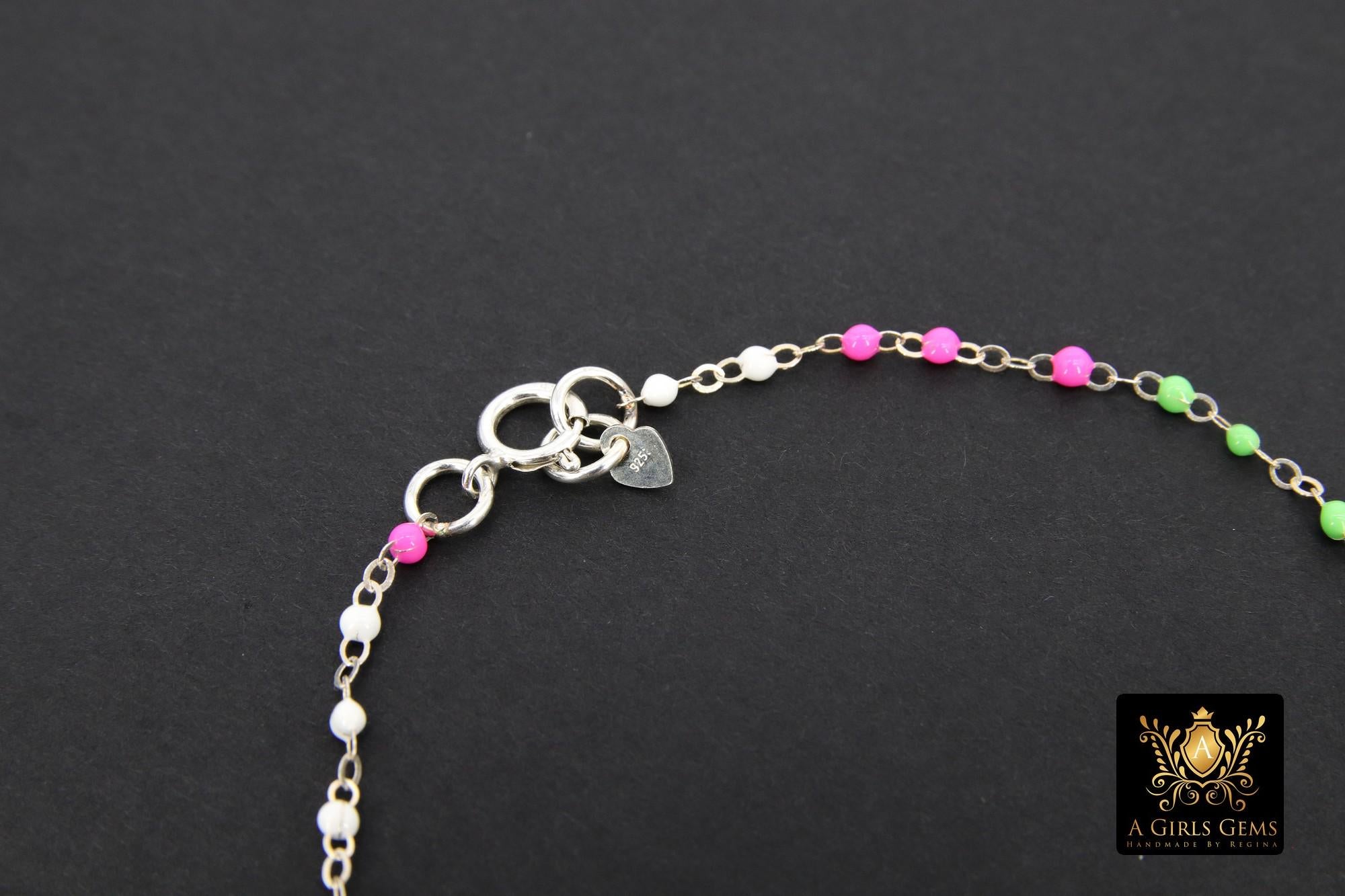 925 Sterling Silver Dainty Satellite Enamel Bracelet, Rainbow Beaded Silver Jewelry #2626, Stamped 925