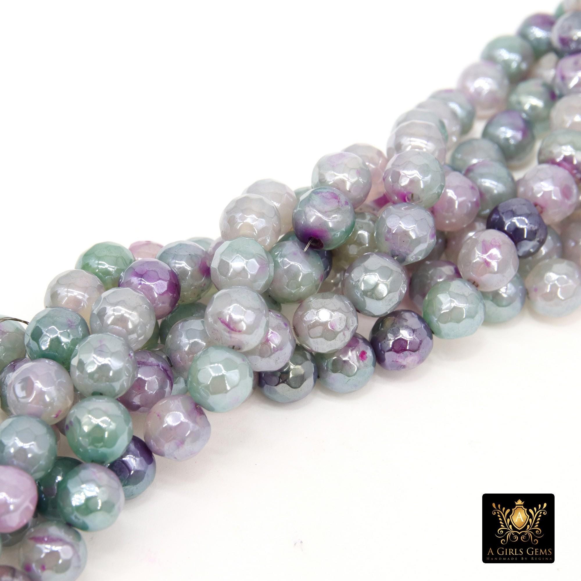 Electroplated Purple Green Fire Agate Beads, Faceted Lavender White Fuchsia Lime Beads BS #226, sizes in 8 mm 14 inch FULL Strands