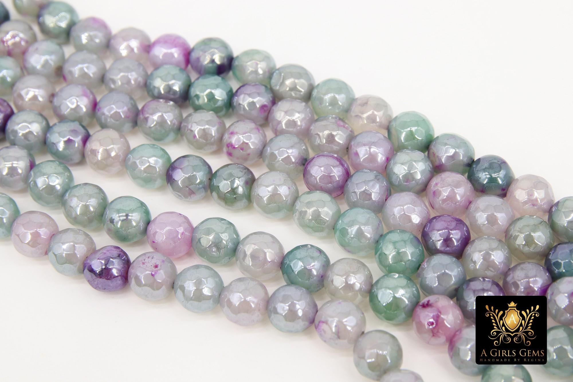 Electroplated Purple Green Fire Agate Beads, Faceted Lavender White Fuchsia Lime Beads BS #226, sizes in 8 mm 14 inch FULL Strands