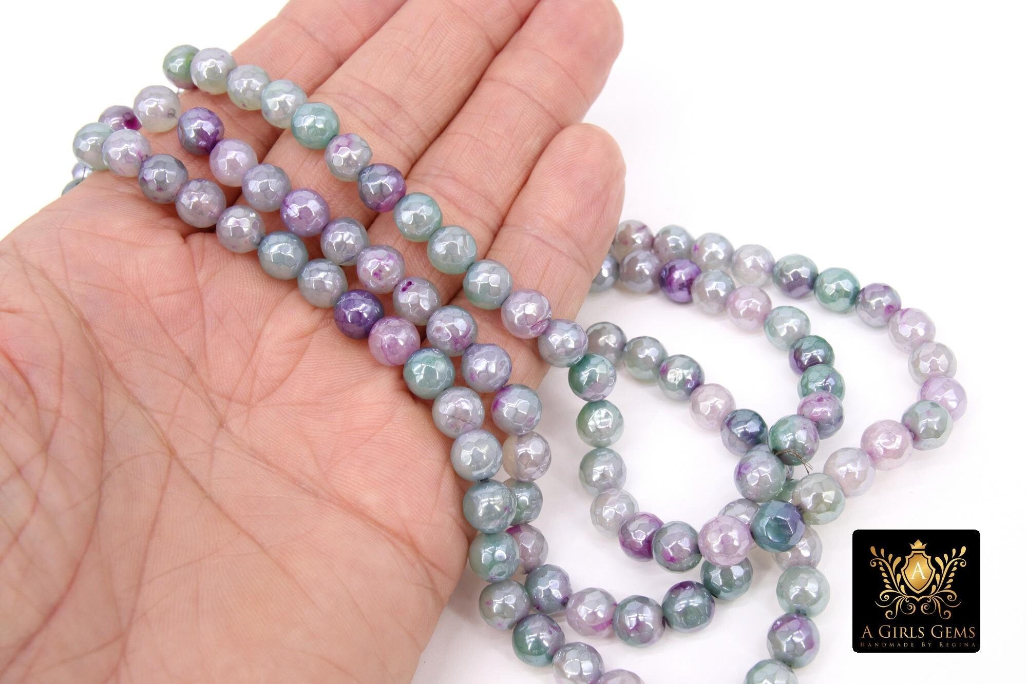 Pink and Light Green Fire Agate Beads 8 mm Bead Strand