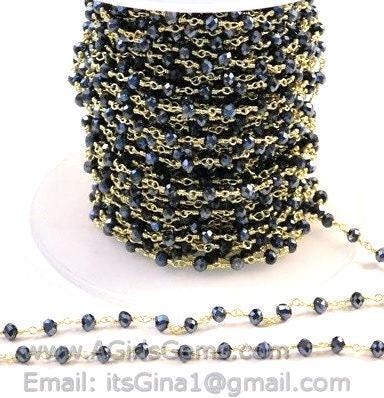 Black AB Rosary Chain, 4 mm Beaded Black Mystic Boho Chains CH #334, Gold Plated Wire Wrapped Unfinished Chains
