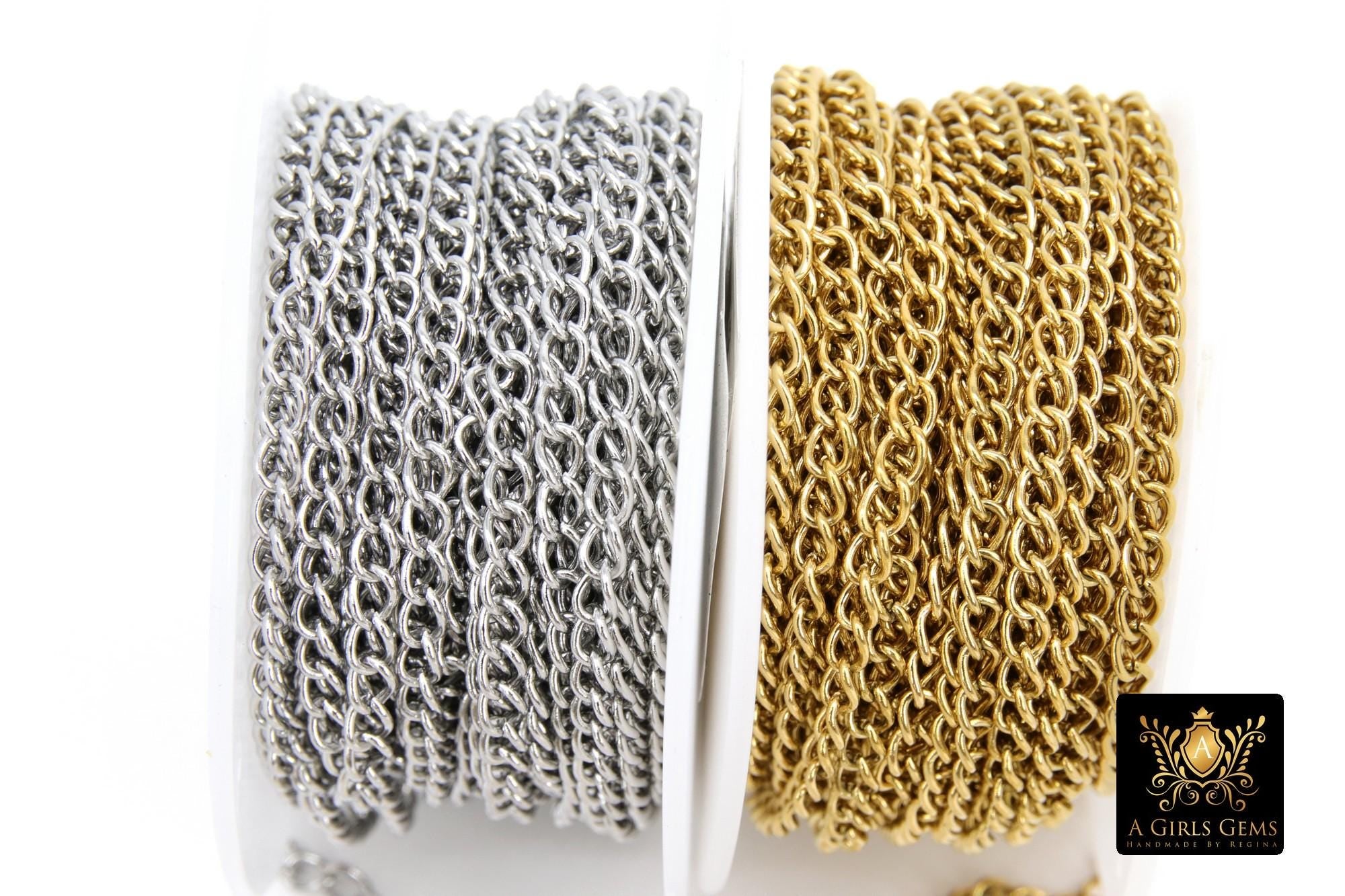 Gold Cuban Curb Chain, Silver 304 Stainless Steel 5 mm Charm Link Chains CH #235, Unfinished Oval Curb Chains