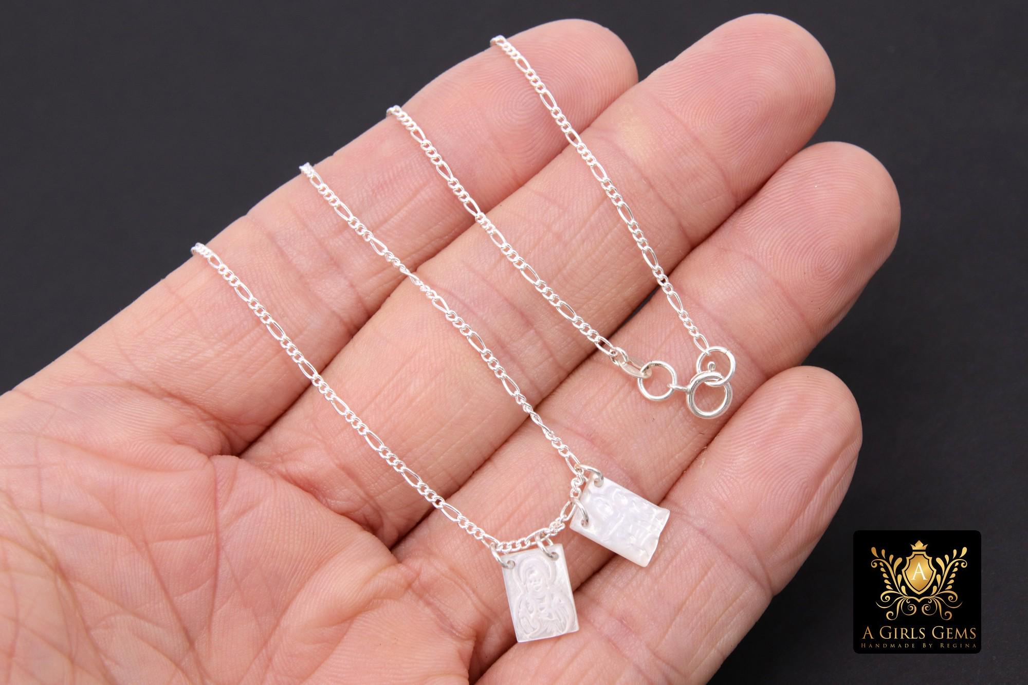 925 Sterling Silver Madonna and Child Scapular Necklace, 14 K Gold Filled Mother of Pearl Jesus Figaro Chain #615, Virgin Mary Medal