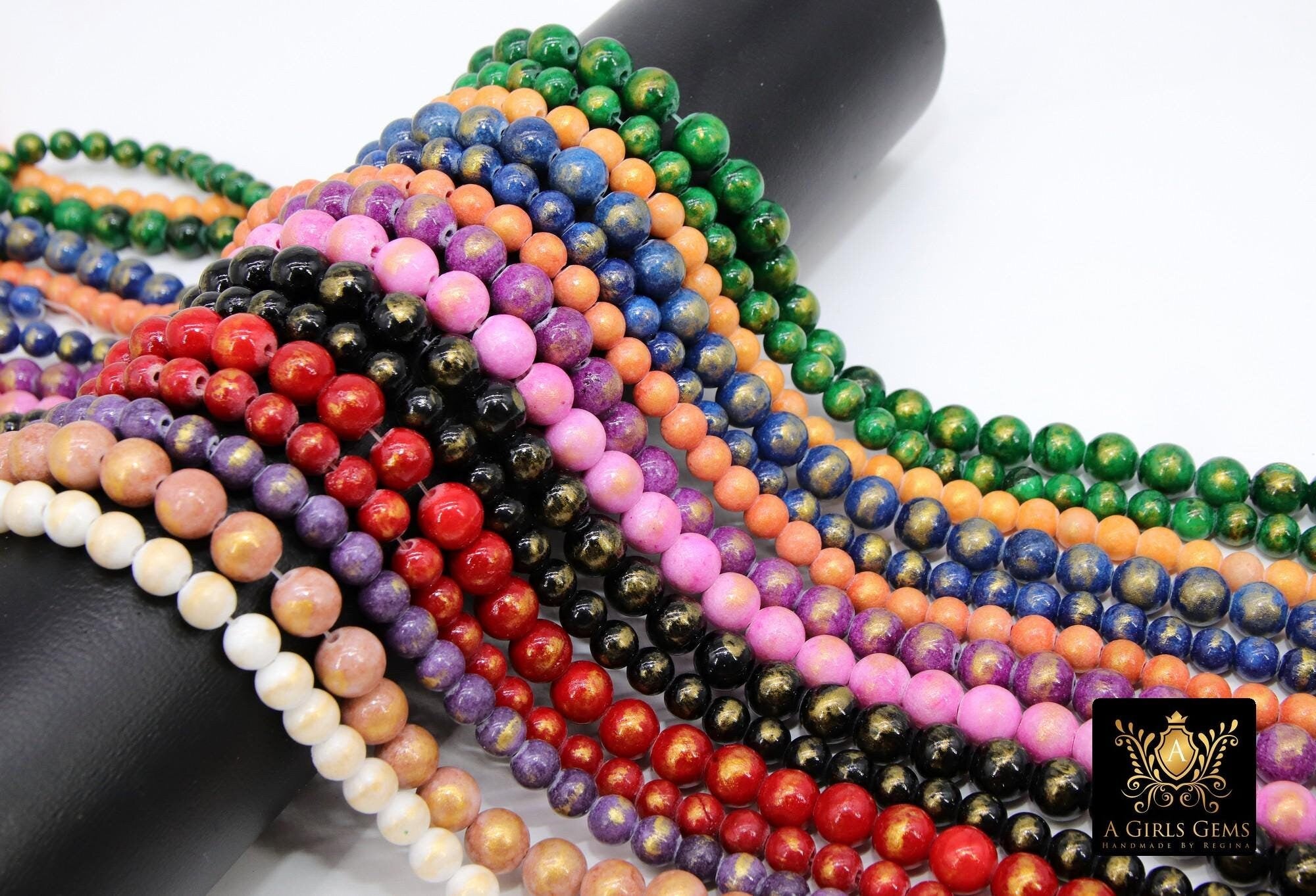 6 mm Color Jade Beads, 8 mm Gold Painted Round Smooth Bead Strands
