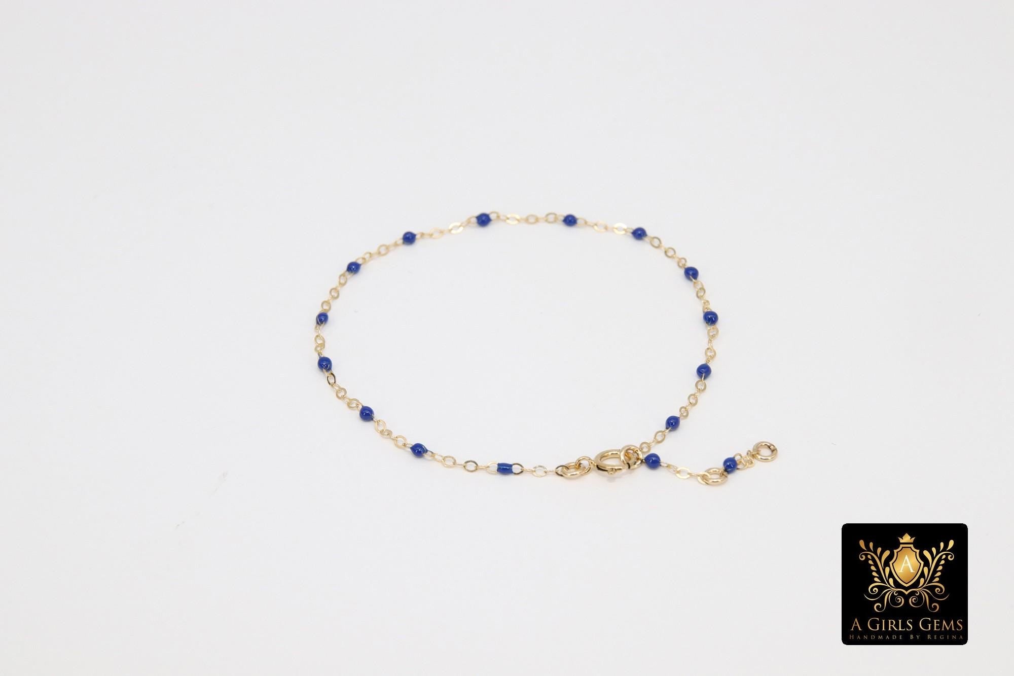 14 K Gold Filled Dainty Satellite Enamel Bracelet, Rainbow Beaded Adjustable Jewelry, Charm Bracelet